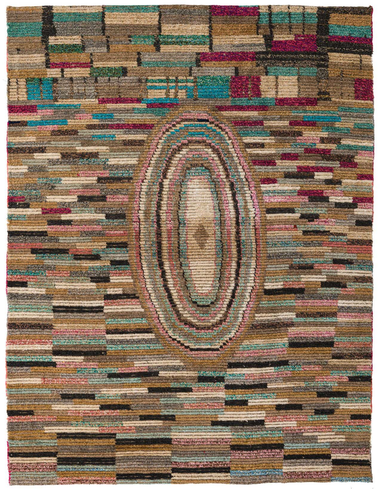 A 6x9 rectangular multi-colored wool rug with a modern design, featuring horizontal stripes and a central oval motif.