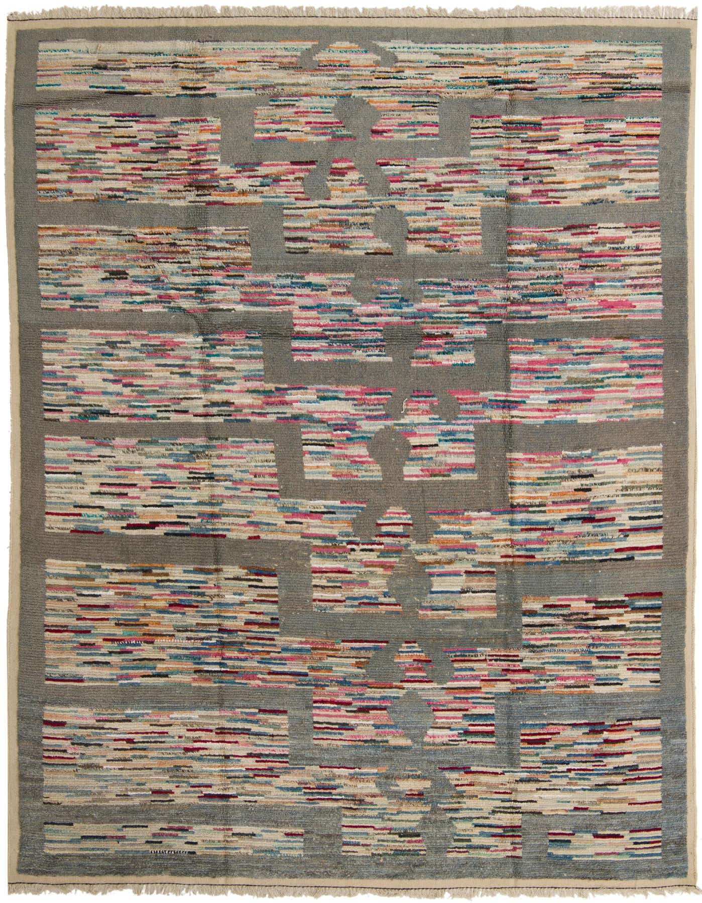 A 9x12 rectangular Darya rug featuring a multi-colored abstract pattern with horizontal stripes on a textured gray background, ideal for a living room.