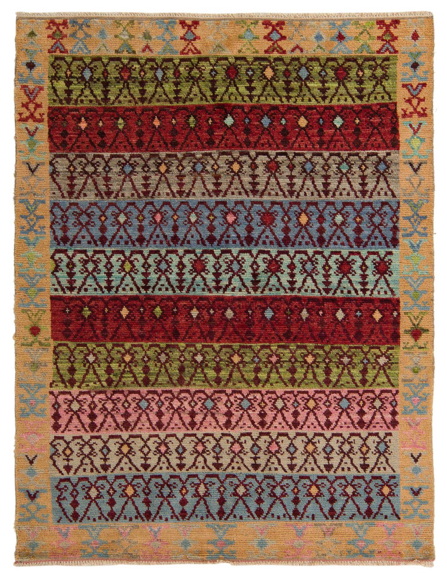 A 5x8 rectangular Darya rug featuring a multi-colored modern oriental pattern with horizontal stripes and intricate geometric motifs.