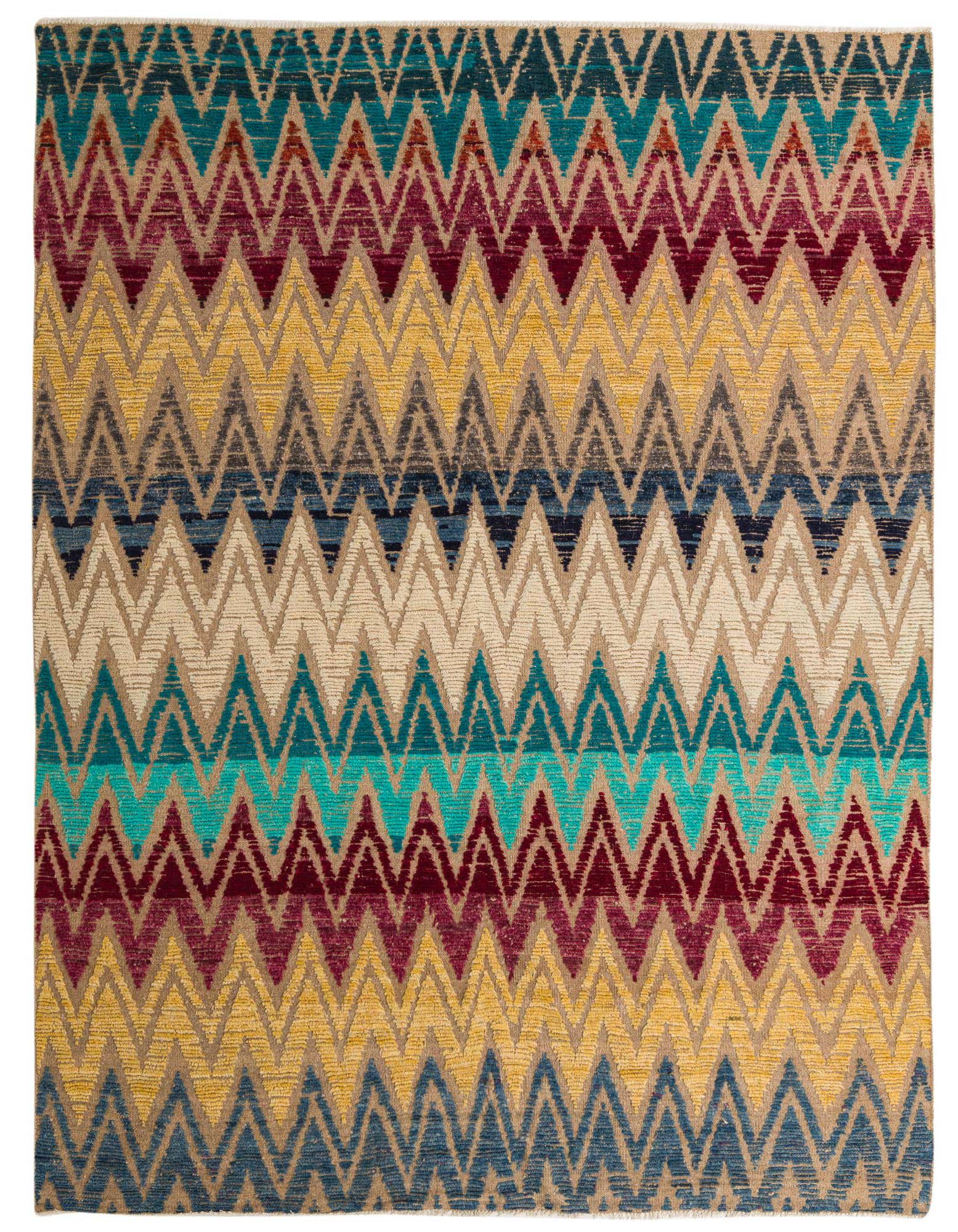 A rectangular 8x10 multi-colored wool rug featuring a modern chevron stripe pattern in teal, maroon, yellow, and beige.