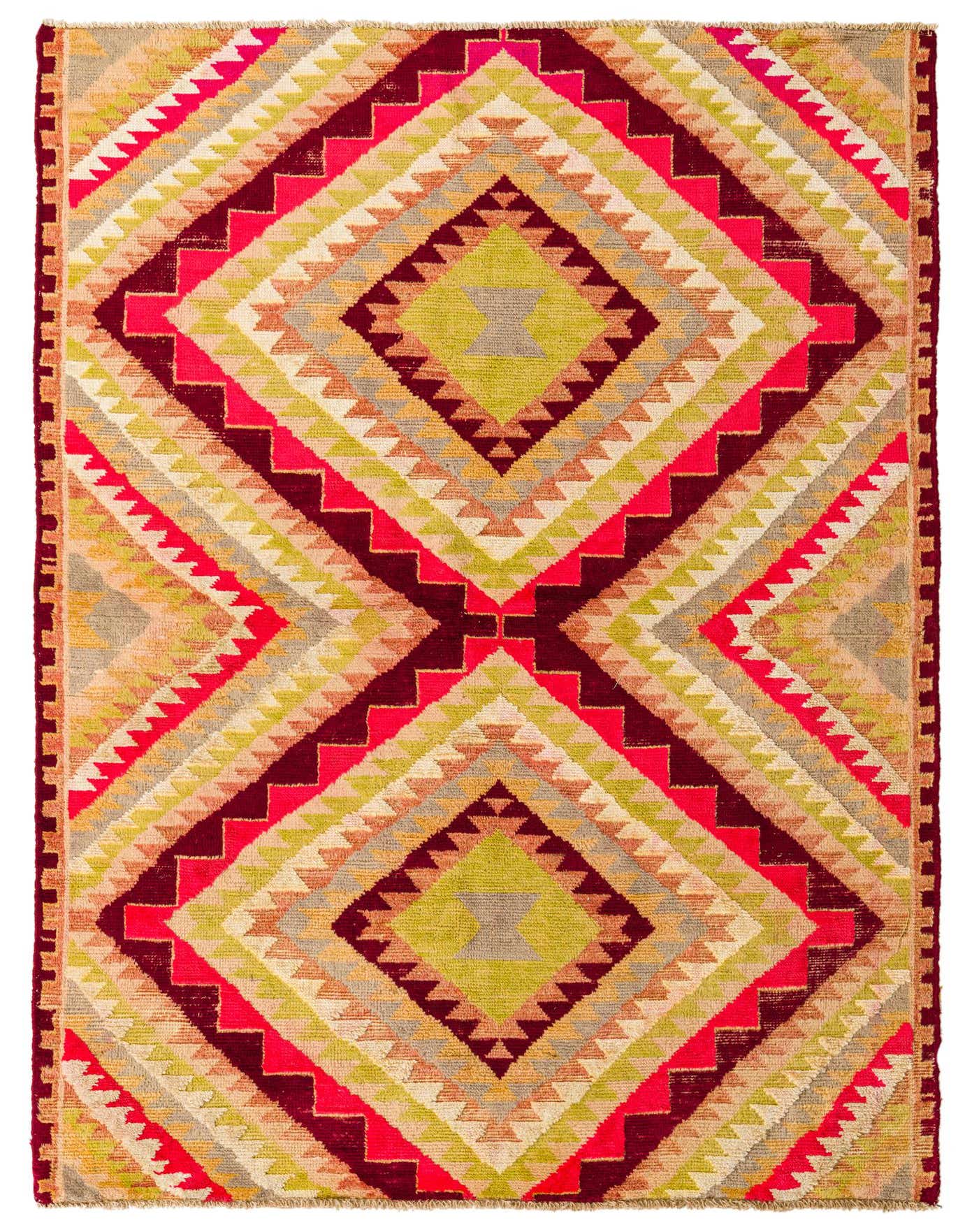 A vibrant 5x8 rectangular Darya rug with a modern medallion pattern in multi-colored wool and silk.