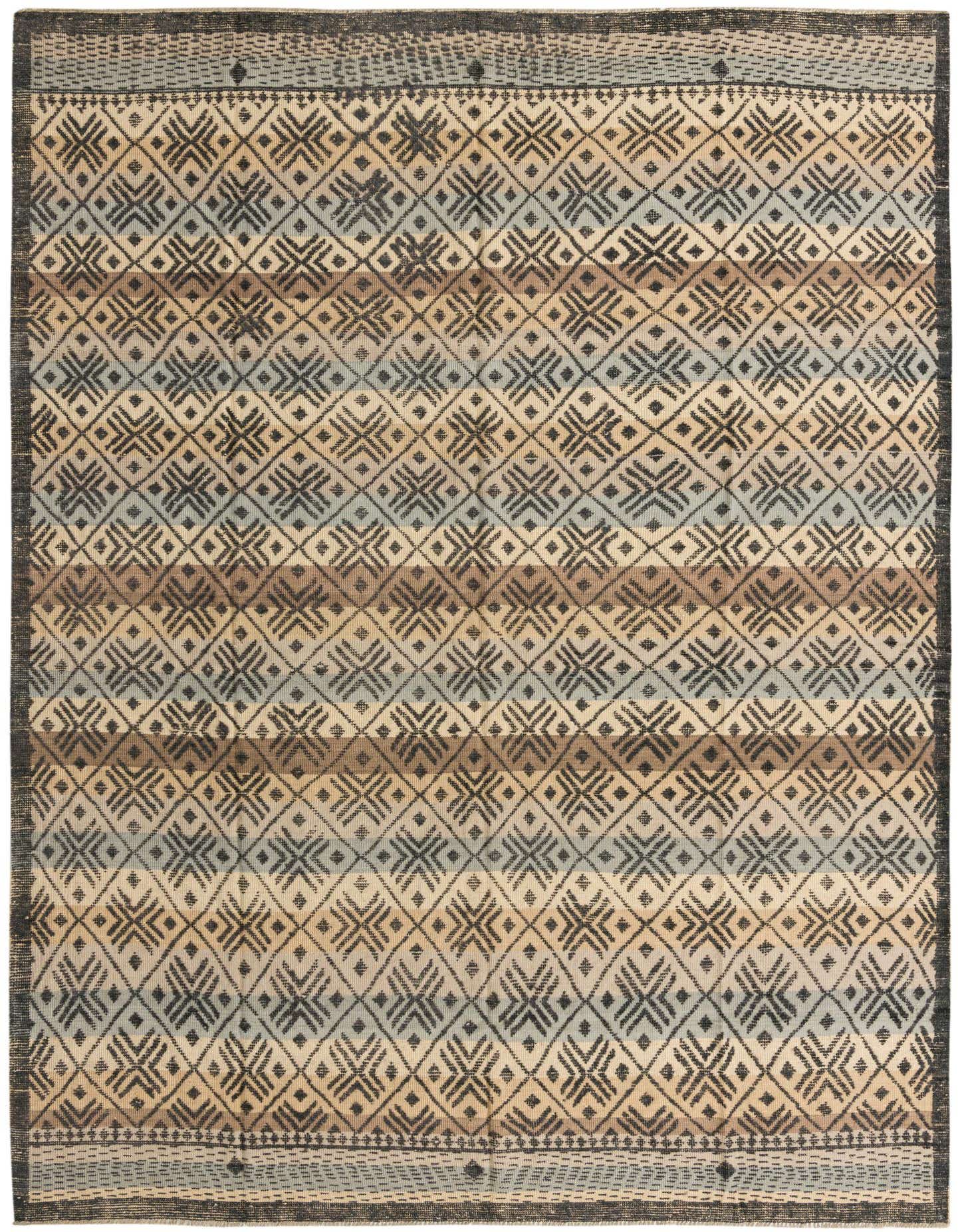 A 10x14 rectangular Darya rug featuring a modern abstract pattern with multi-colored geometric diamonds and stripes.