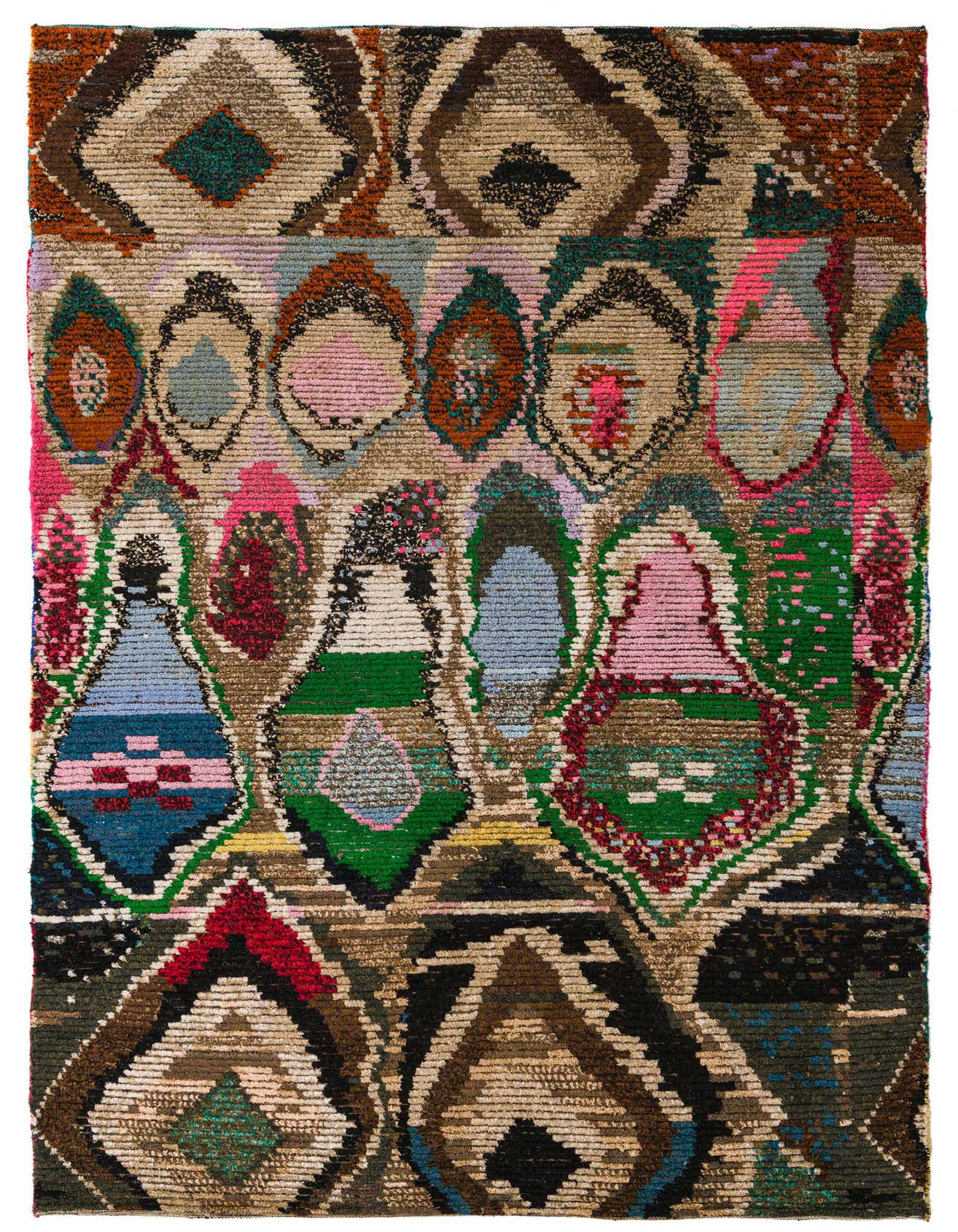 A vibrant 6x9 multi-colored rectangular wool rug with a modern abstract pattern, featuring various shapes and hues.