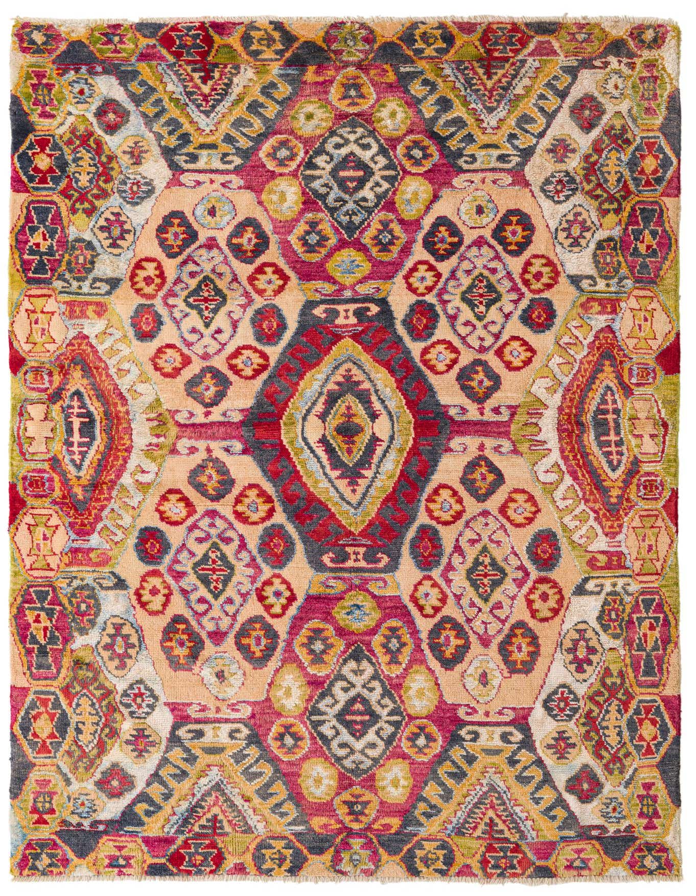 A 5x8 rectangular Darya rug with a multi-colored modern abstract pattern, featuring vibrant hues of red, yellow, blue, and pink.