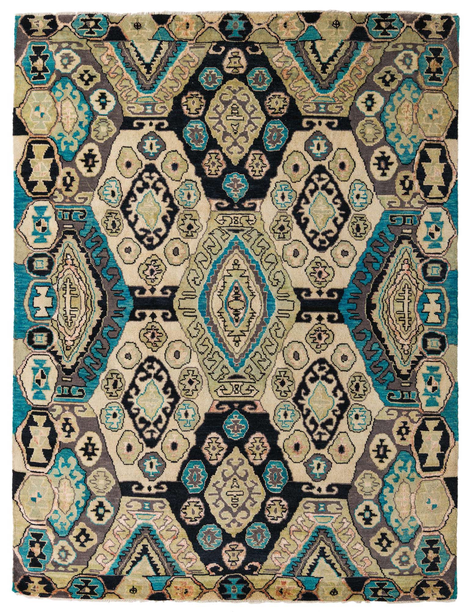 A vibrant 8x10 multi-colored modern abstract rug made of wool and silk, featuring geometric shapes in black, teal, beige, and olive tones.