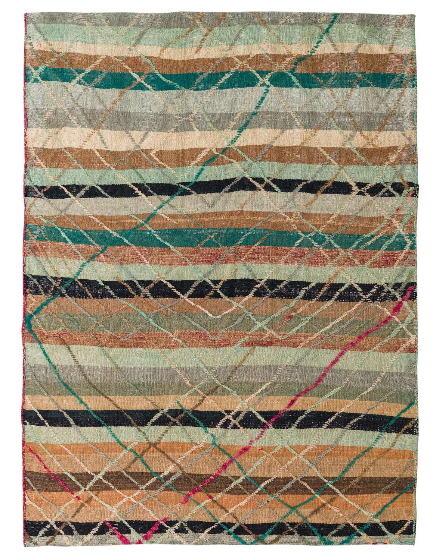 A rectangular 5x8 multi-colored wool rug with horizontal stripes and an abstract diamond pattern, ideal for a living room.