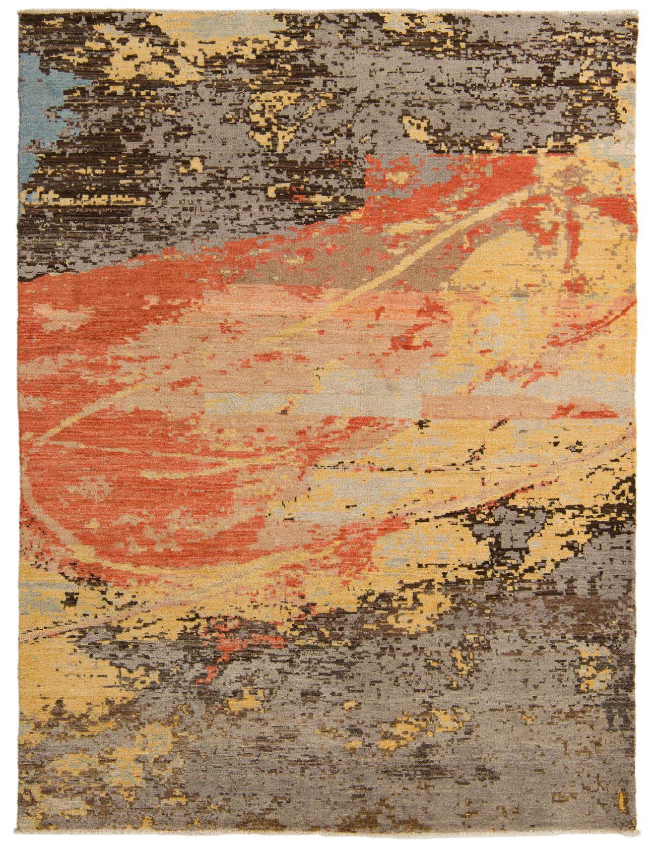 A 6x9 rectangular multi-colored wool rug with an abstract modern pattern in shades of orange, yellow, blue, and gray.