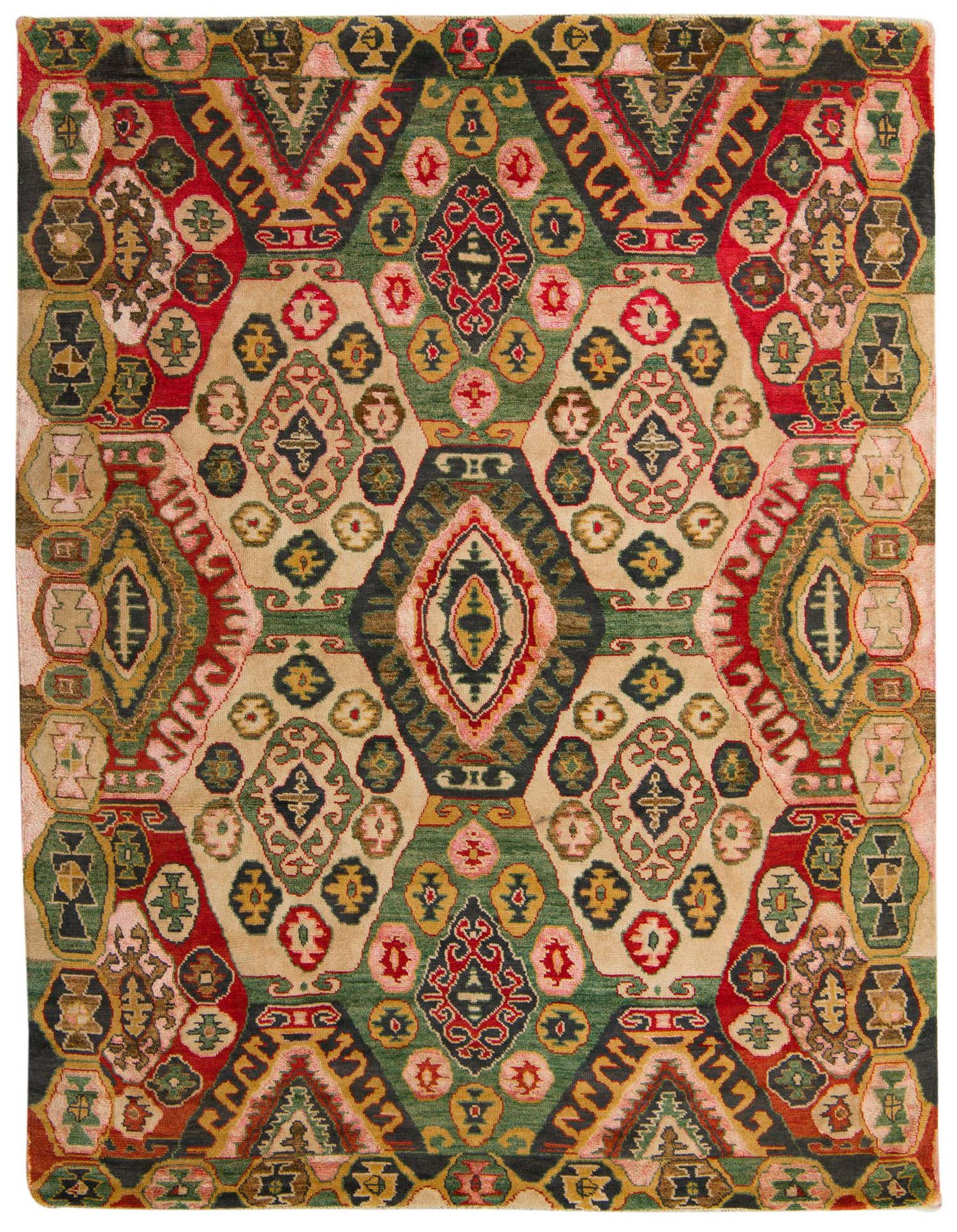 A vibrant 8x10 multi-colored rectangular Darya rug with a modern oriental abstract pattern, made of wool and silk.