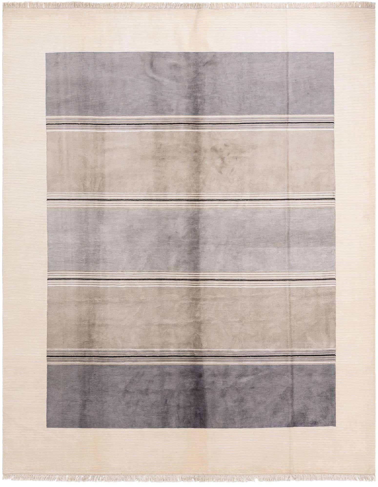 A rectangular 8x10 Darya rug with a modern design, featuring horizontal stripes in varying shades of gray, beige, and black, bordered by a light cream edge, suitable for a living room.