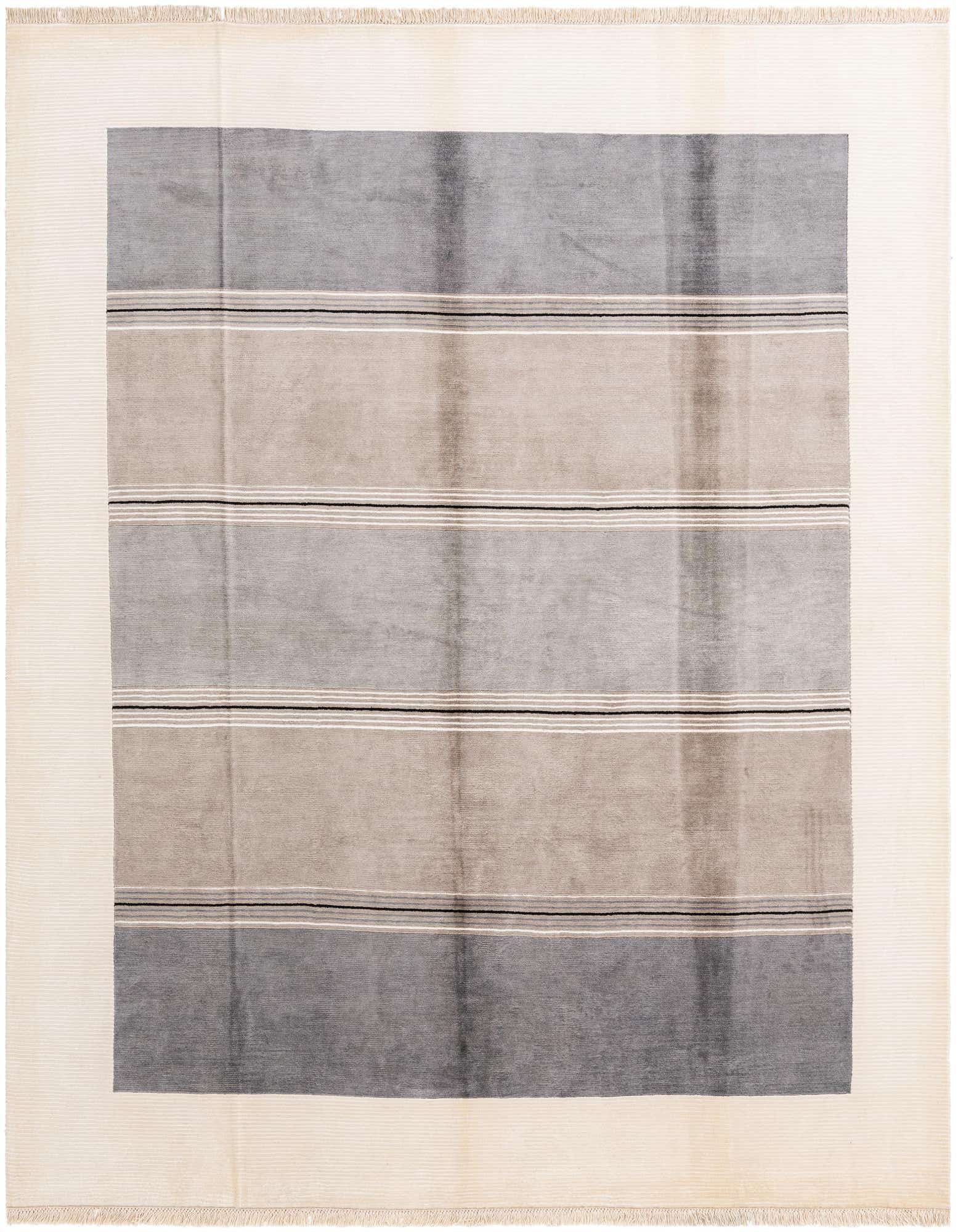 A rectangular 8x10 Darya rug with a modern striped pattern in shades of gray, beige, and cream, featuring thin black and white accent lines.