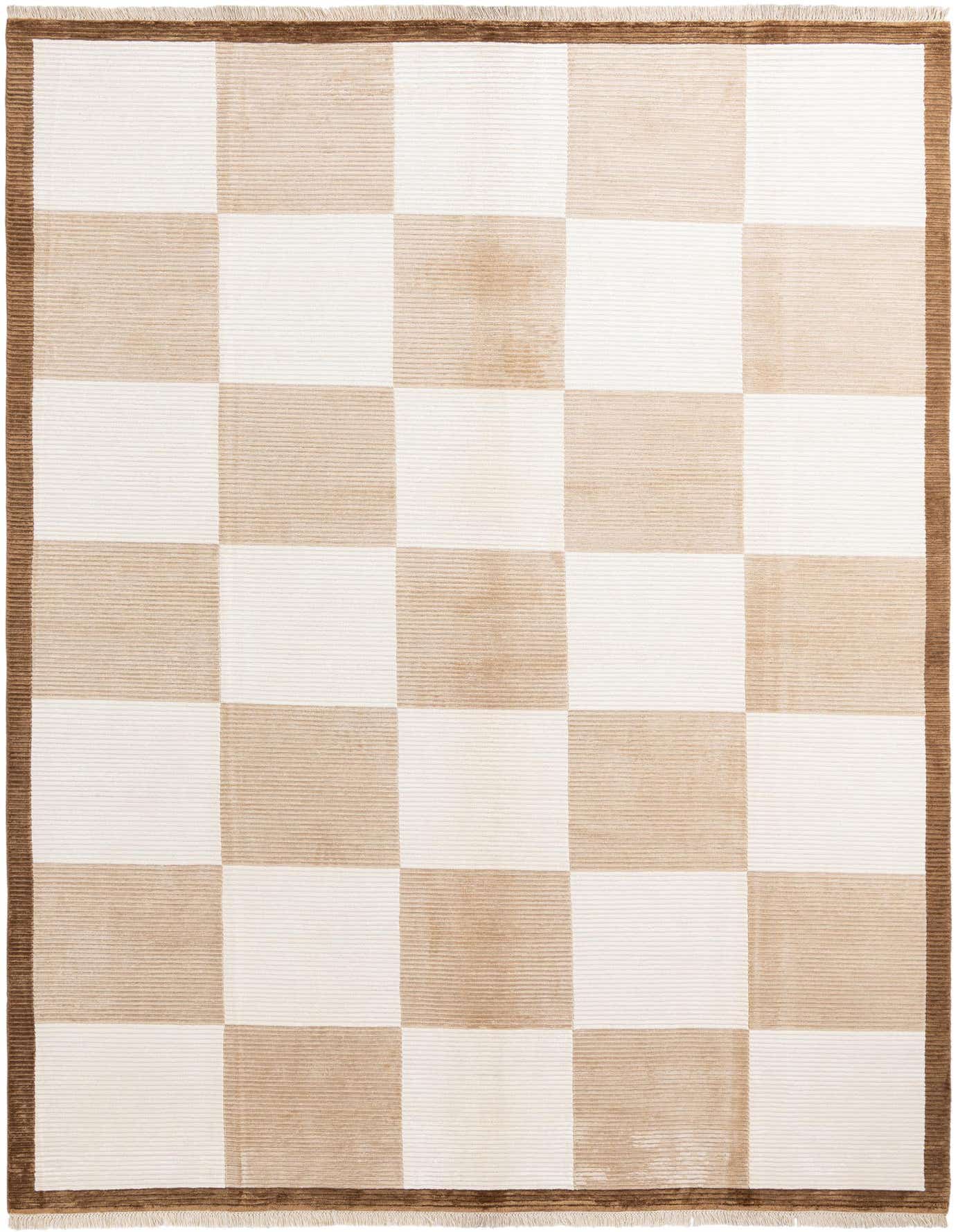 A rectangular 8x12 Darya rug featuring a modern checkerboard pattern in varying shades of beige and cream, with a darker brown border.