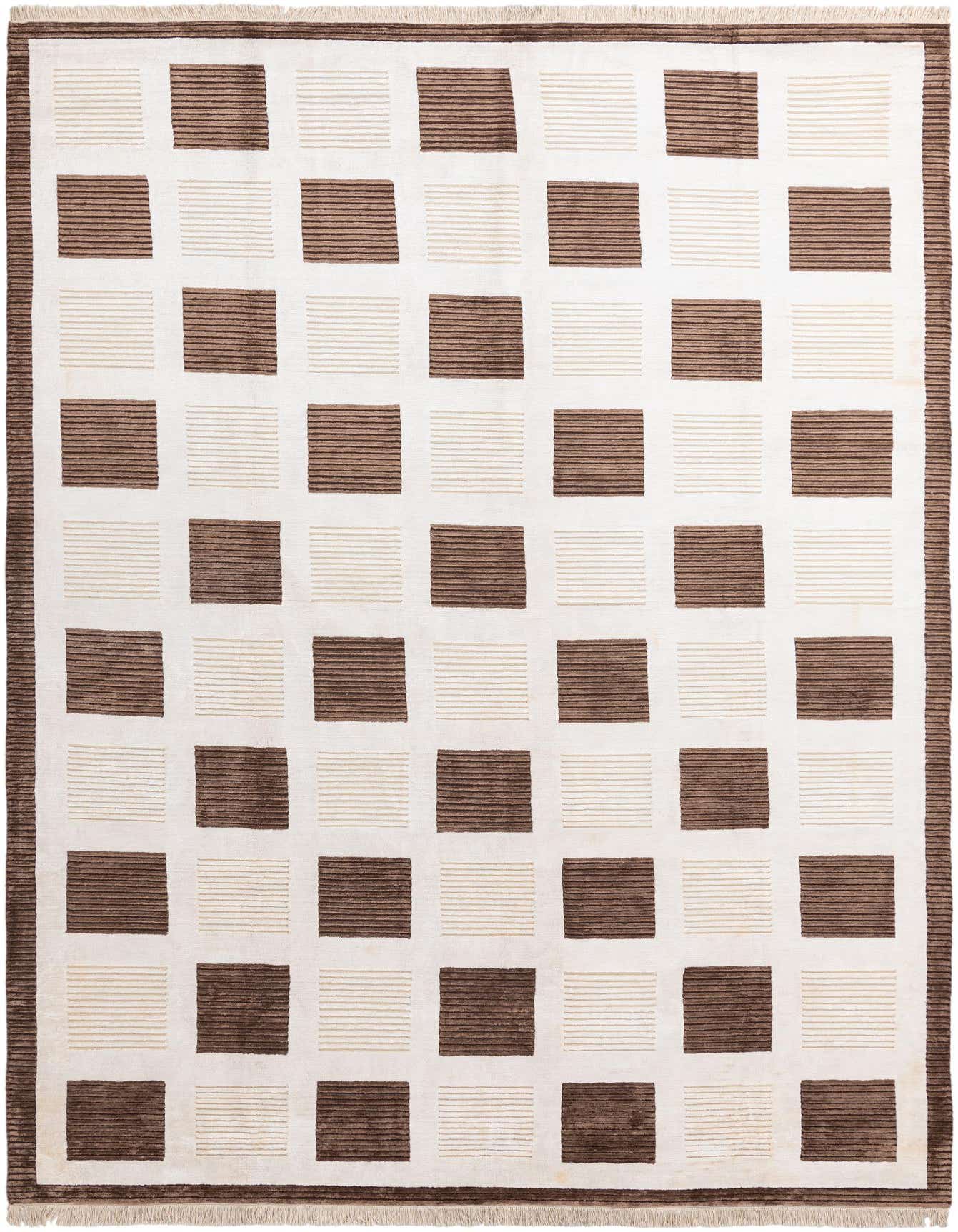 A rectangular 8x12 Rugs.com Darya wool rug with a modern checkerboard pattern in brown and off-white.