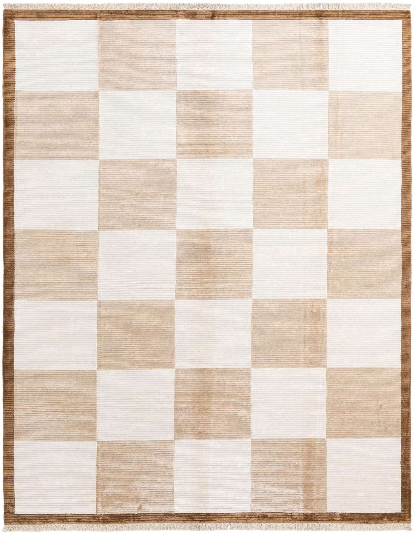 A rectangular 8x12 Darya rug featuring a modern checkered pattern in varying shades of beige and cream, with a dark brown fringed border.