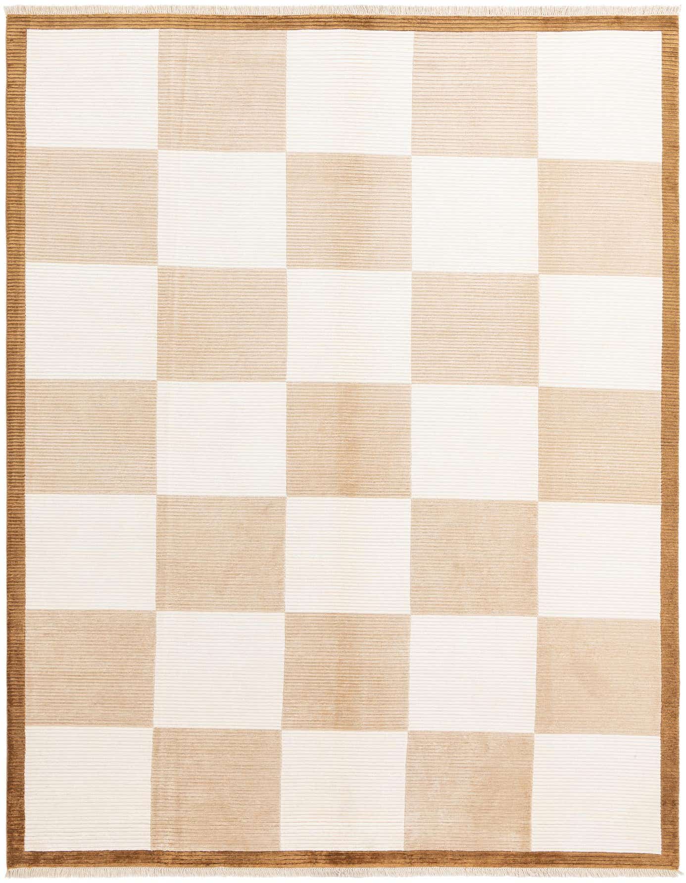 A rectangular 8x11 Darya rug with a modern checkerboard pattern in varying shades of beige and cream, featuring a high pile and a thin brown border.
