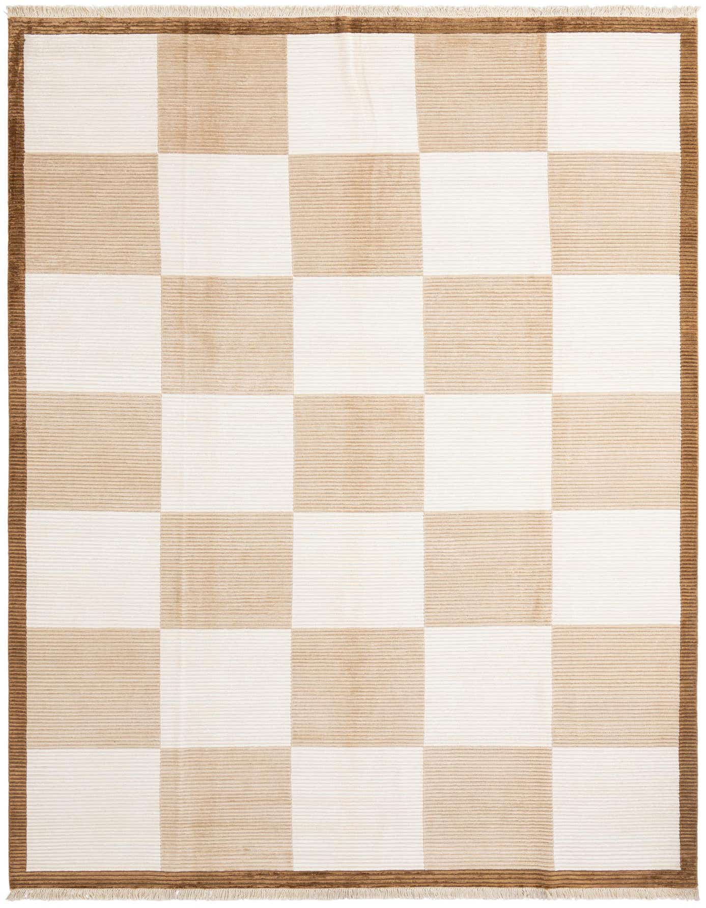 A rectangular 8x11 Darya rug by Rugs.com featuring a modern checkerboard pattern in multi-colored wool, perfect for a living room.