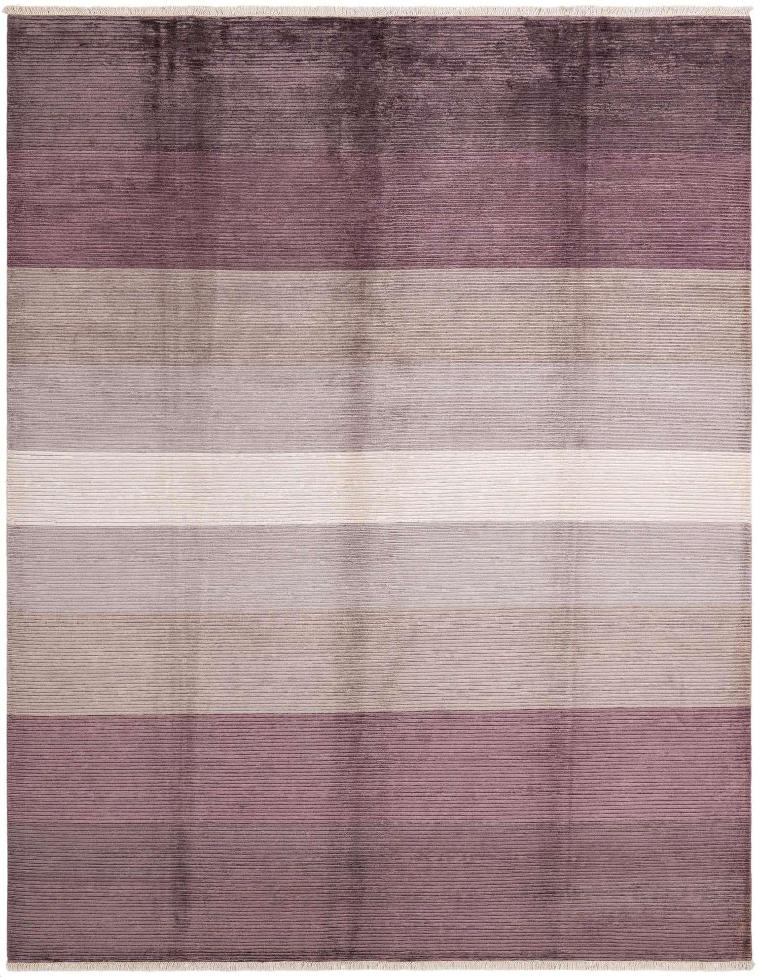 A 10x13 rectangular Darya rug featuring broad horizontal stripes in varying shades of purple, beige, and cream, with a high pile.