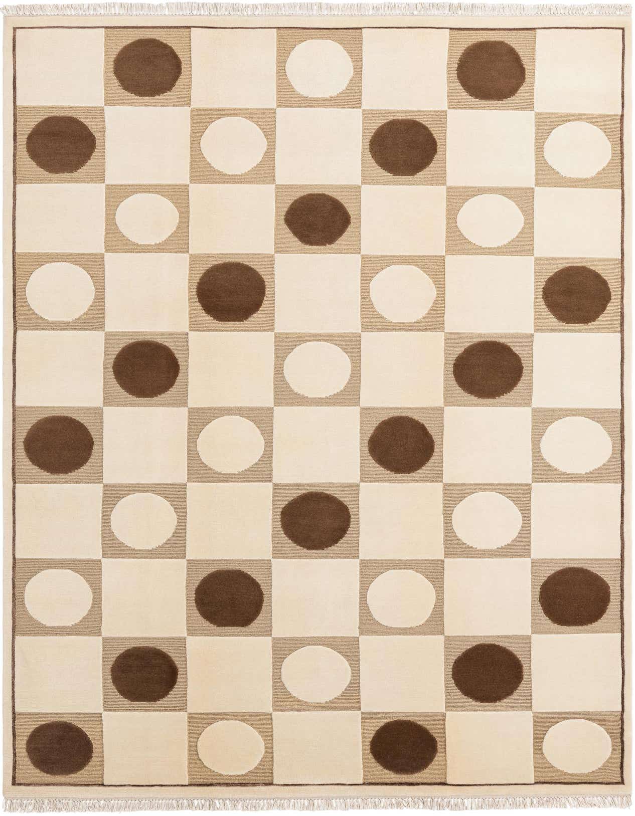 A 7x10 rectangular Darya rug featuring a modern Oriental design with a checkerboard pattern of brown and cream squares, some containing contrasting circles.