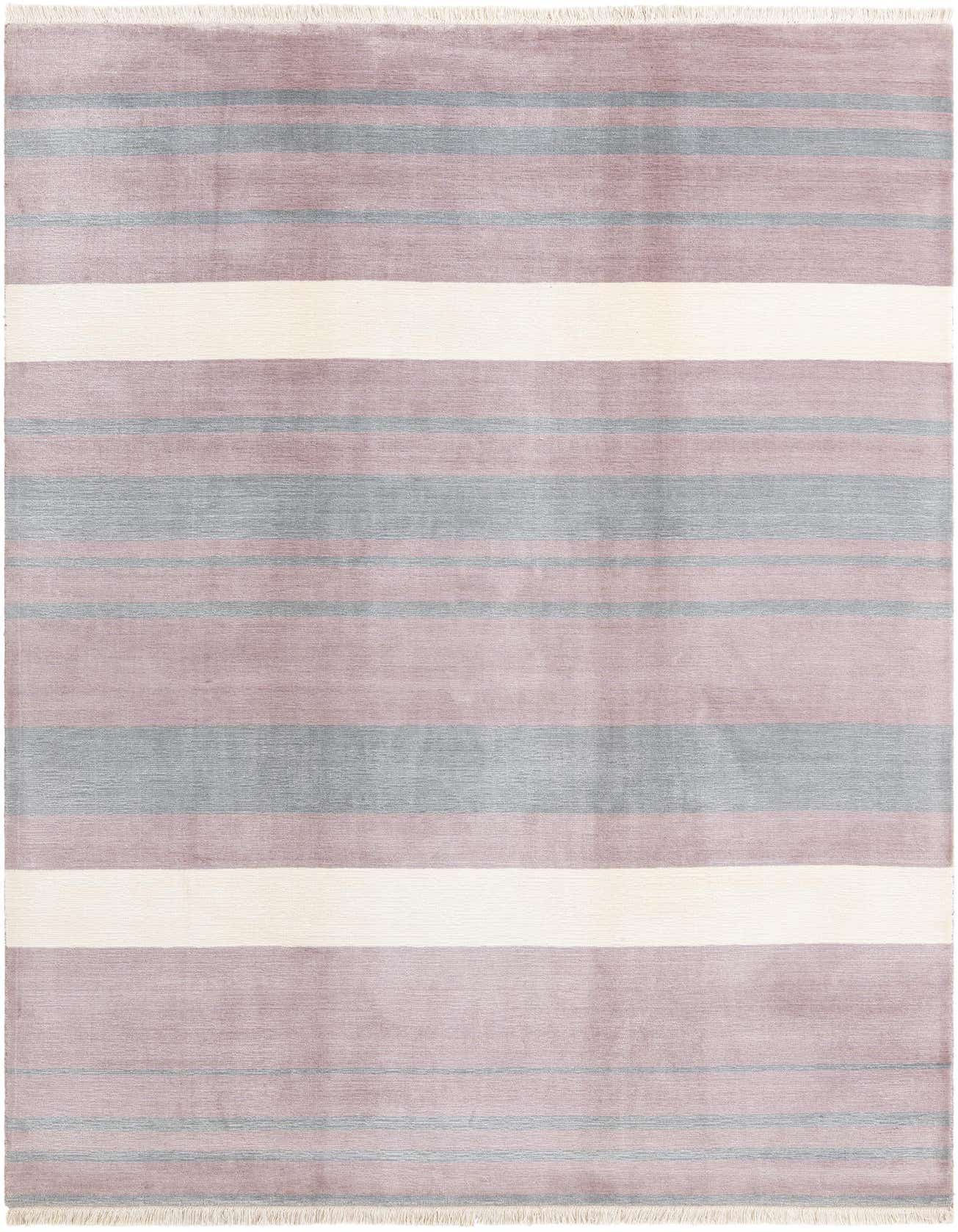 A 7x10 rectangular Darya wool rug featuring modern multi-colored stripes in shades of purple, gray, and cream.