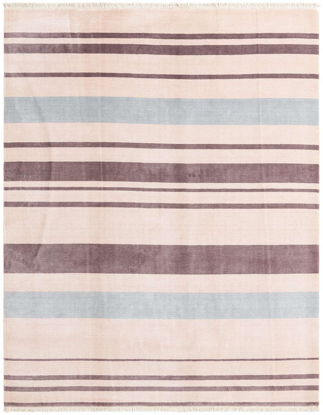 A 7x10 rectangular Darya rug with wide and thin horizontal stripes in varying shades of brown, beige, and light blue.