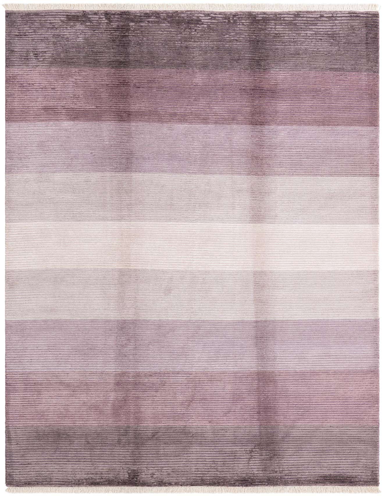 A 7x10 rectangular Darya rug with horizontal stripes in shades of purple, grey, and cream, featuring a high pile and fringed edges.