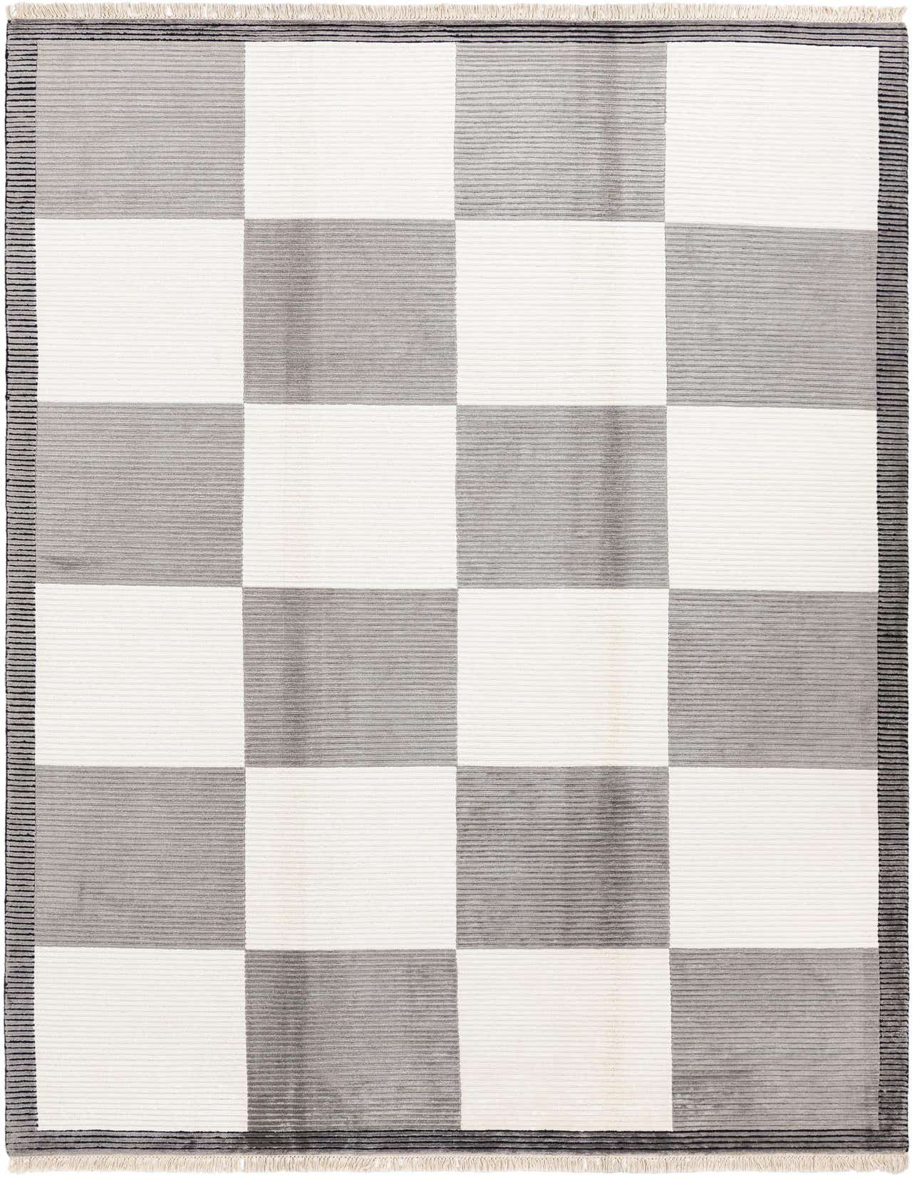 A 7x10 rectangular Darya rug with a modern checkerboard pattern in alternating light and dark gray squares, featuring subtle horizontal stripes.