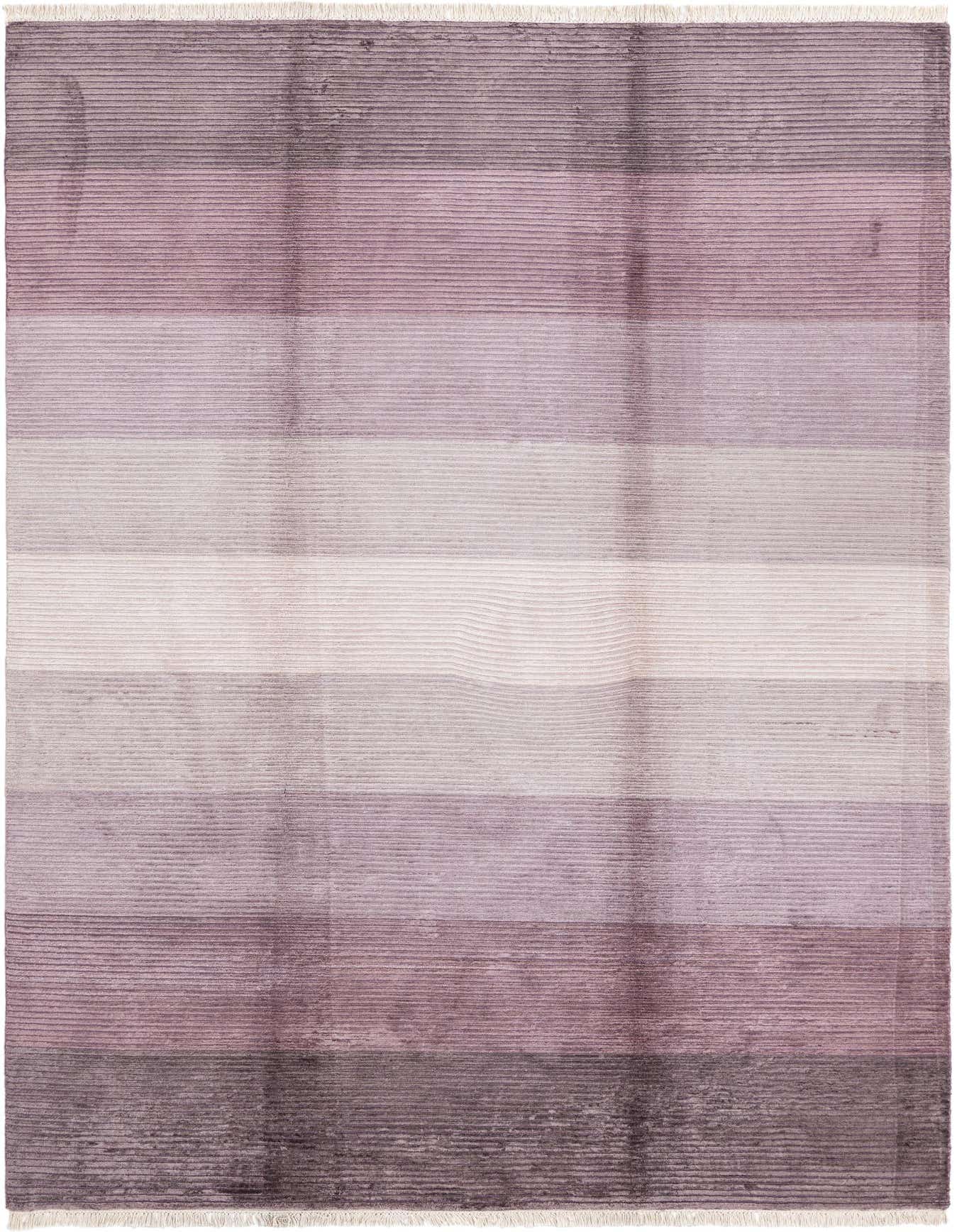 A 7x10 rectangular Darya rug with horizontal stripes in shades of purple, grey, and white, featuring a high pile.