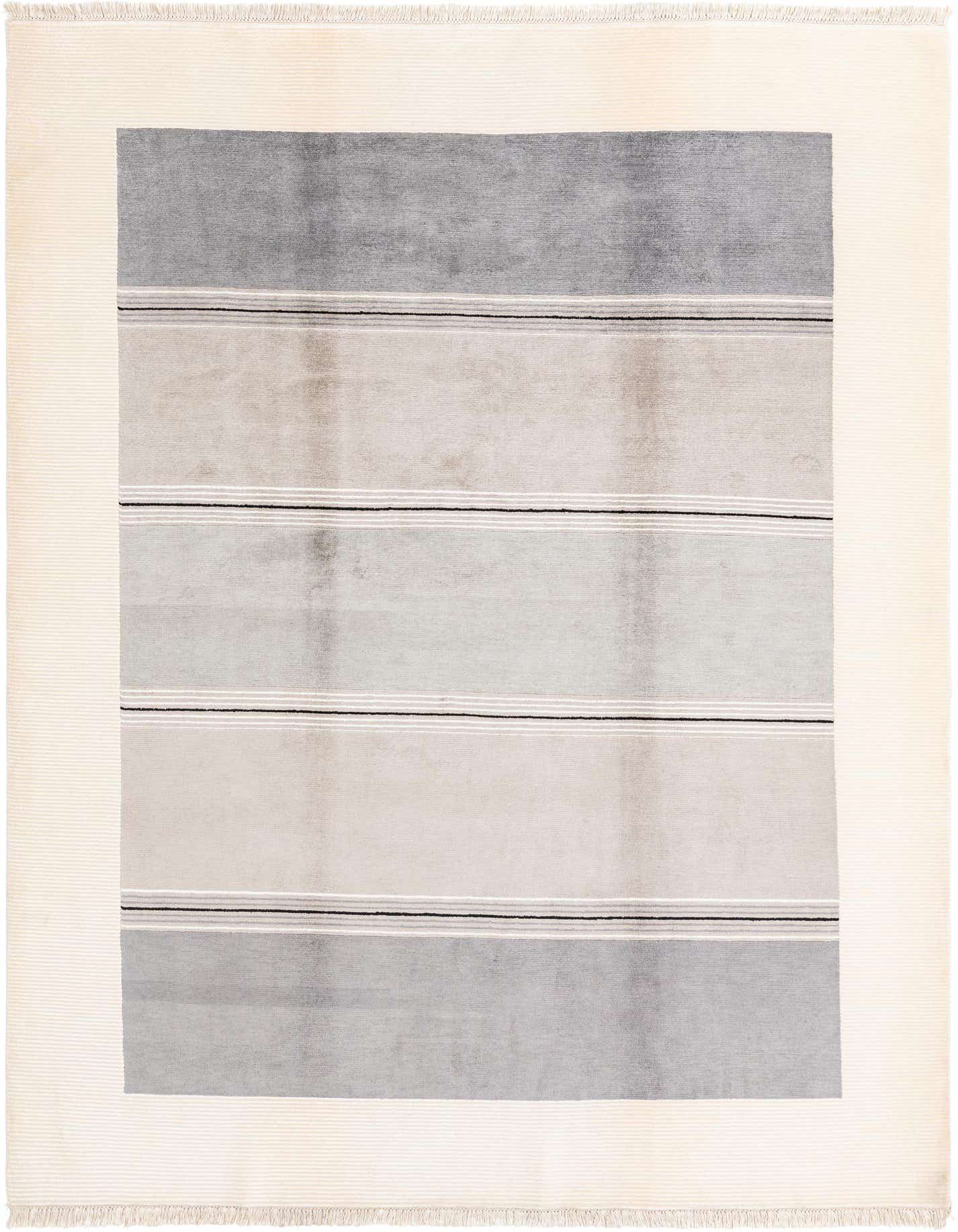 A 7x10 rectangular Darya rug with a modern striped pattern in shades of grey, beige, and off-white, featuring thin black and white accent lines, and a fringed edge.