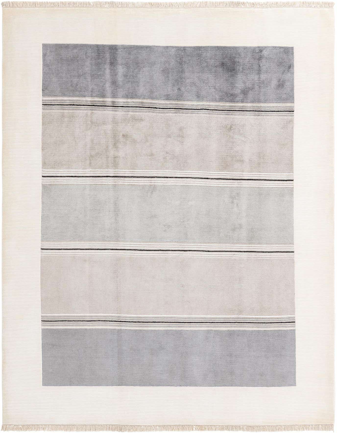 A 7x10 rectangular Darya rug with a modern striped pattern in shades of gray, beige, and black, framed by a cream border.