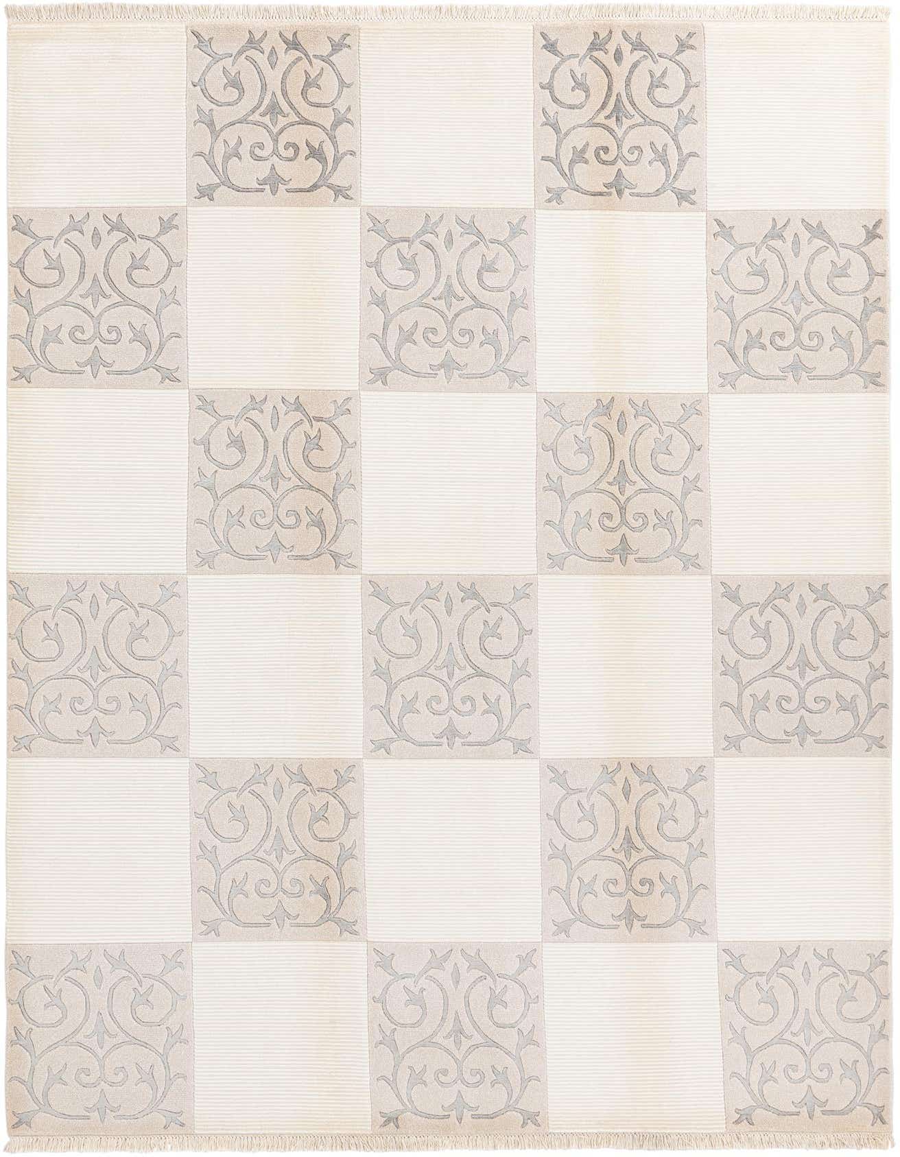 A 7x10 rectangular wool rug featuring a checkerboard pattern of cream and light gray squares with intricate oriental motifs.