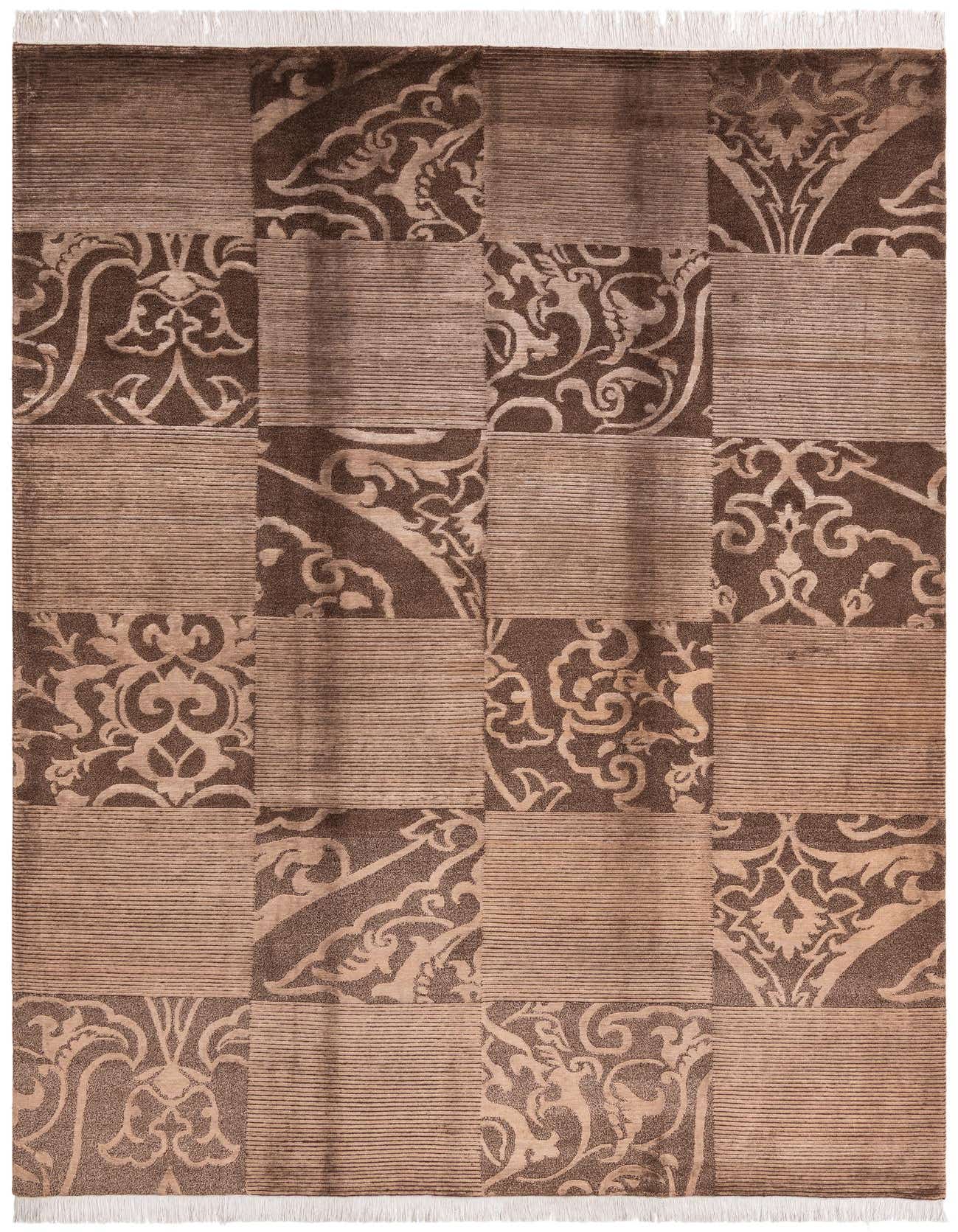 A 7x10 rectangular Darya rug with a modern oriental patchwork design in shades of brown and beige, featuring both striped and ornate floral patterns.