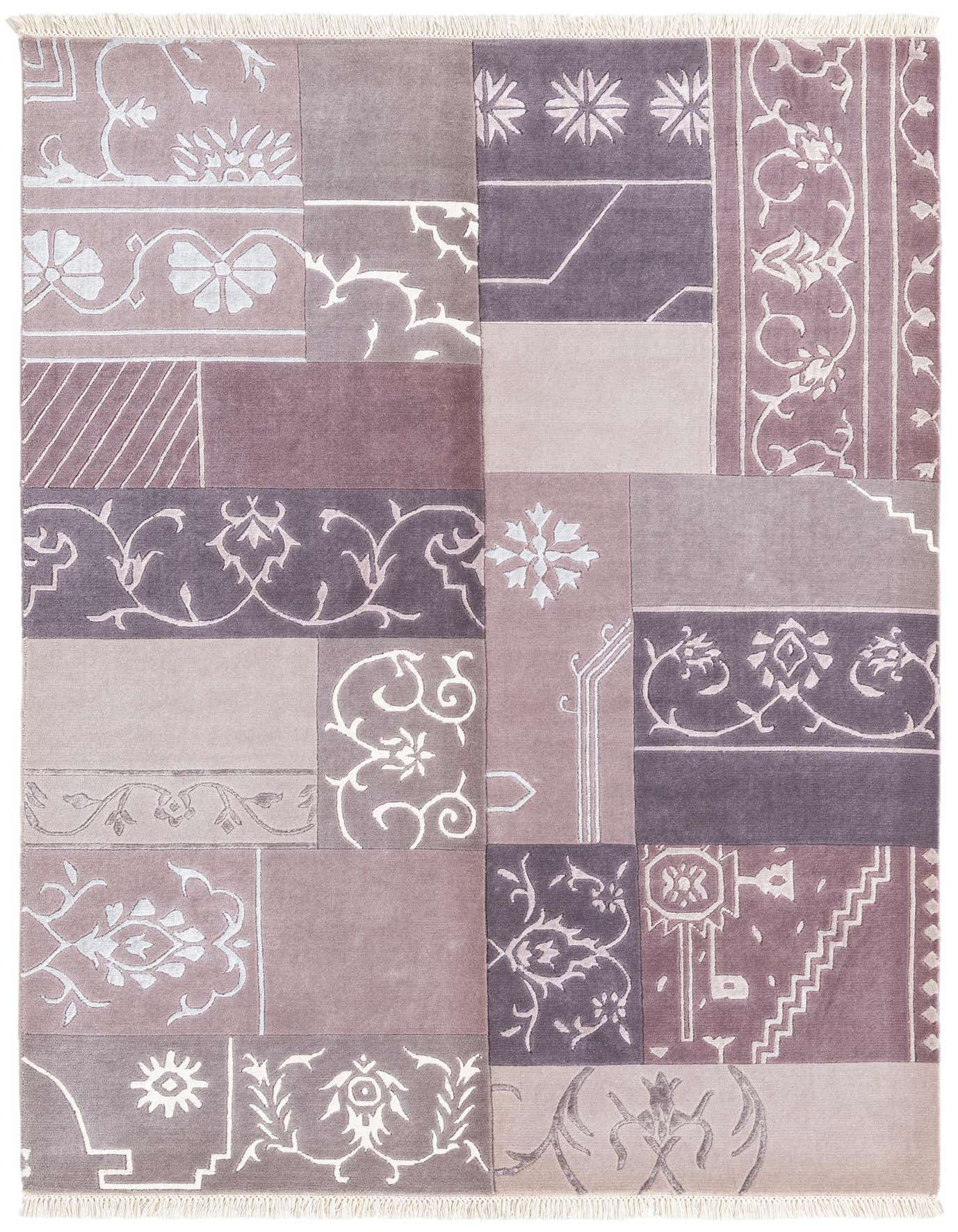 A 4x6 rectangular Darya rug with a modern oriental patchwork design in various shades of purple, grey, and beige, featuring intricate floral and geometric patterns.