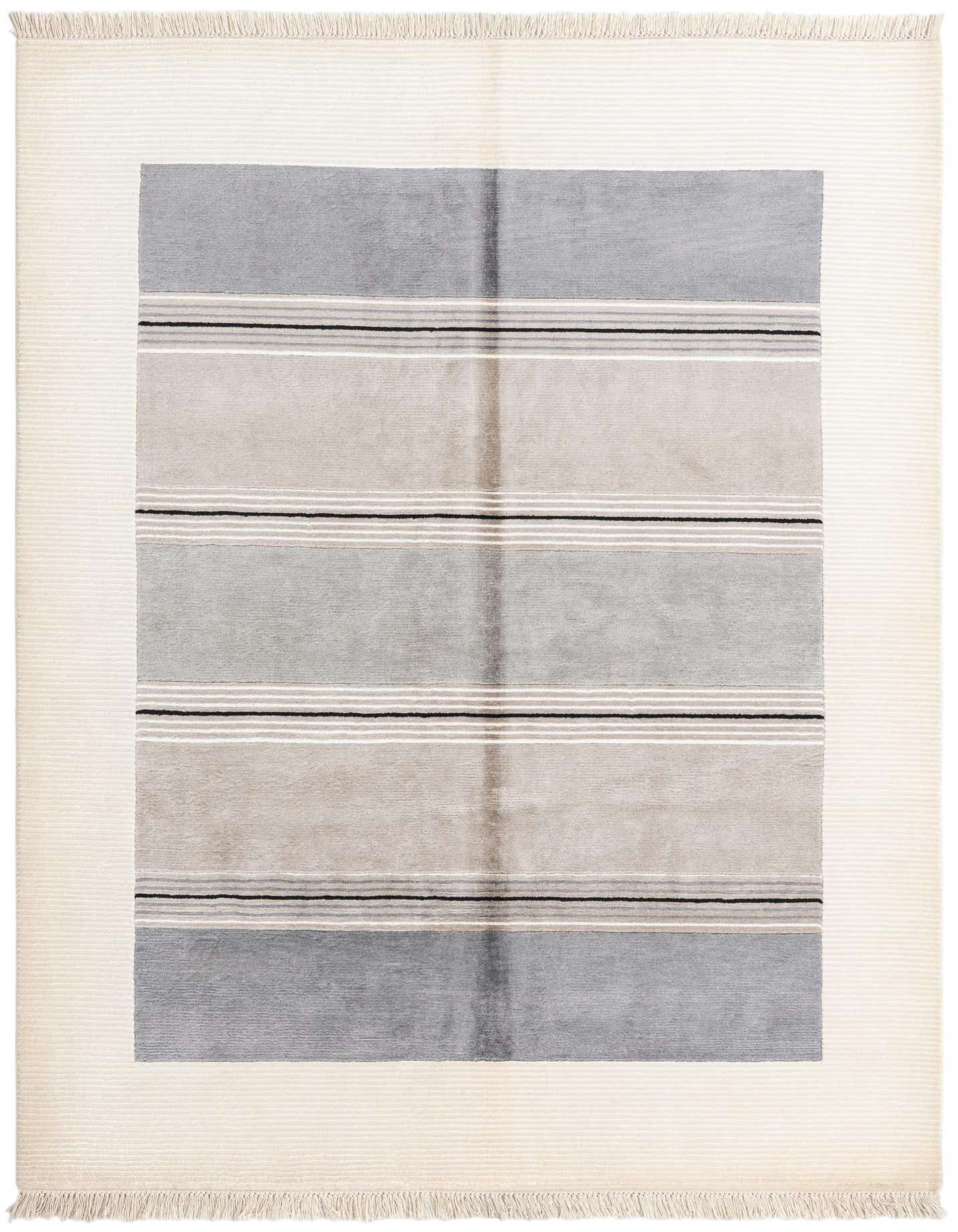 A 4x6 rectangular Darya rug featuring a modern striped pattern in shades of gray, beige, and black, with a cream border and fringe.