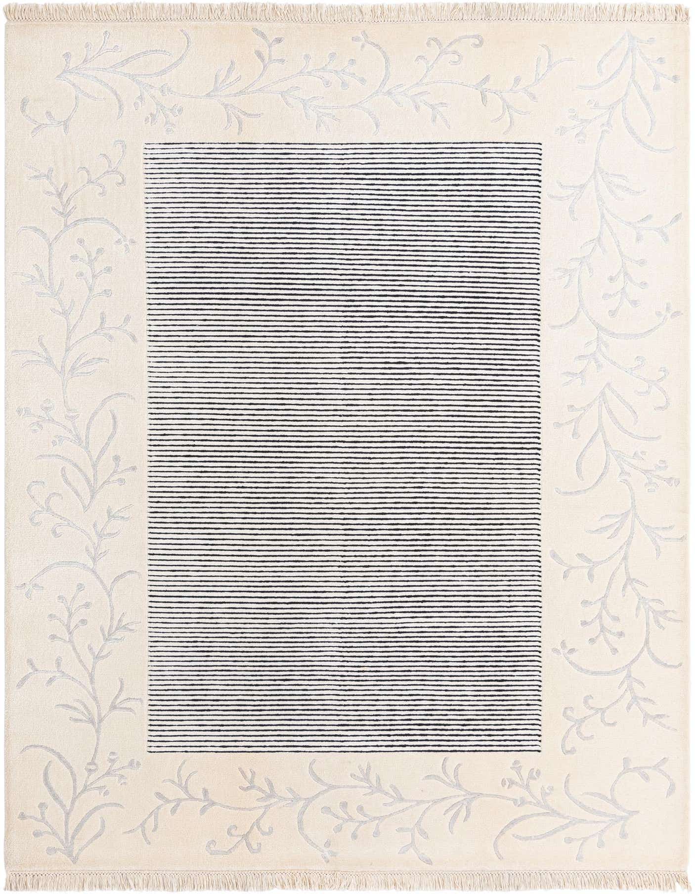 A 5x8 rectangular Darya rug featuring a modern oriental design with a multi-colored striped center and a light floral border.