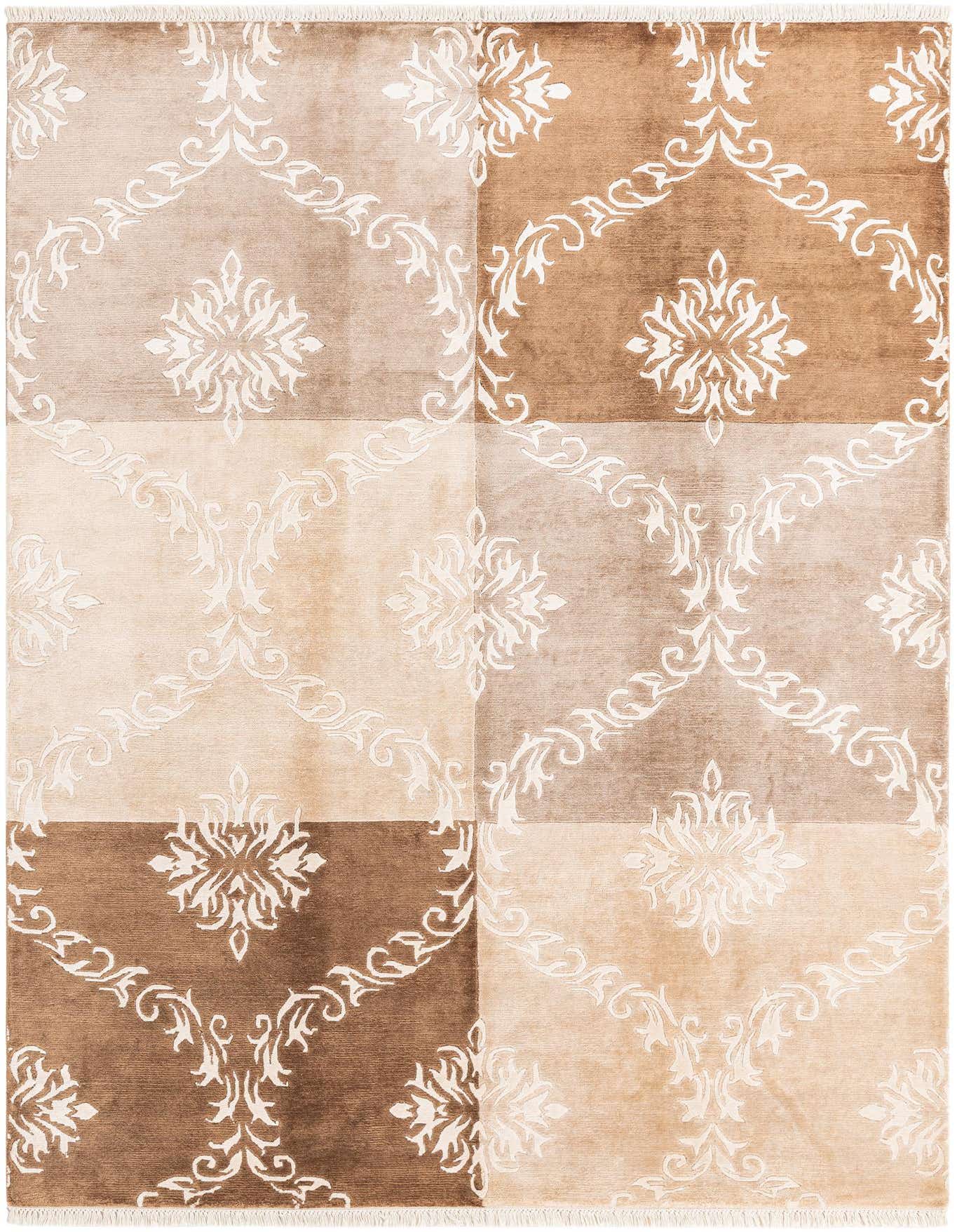 A 5x8 rectangular Darya rug with a multi-colored modern oriental pattern, featuring light and dark brown squares with white floral motifs.