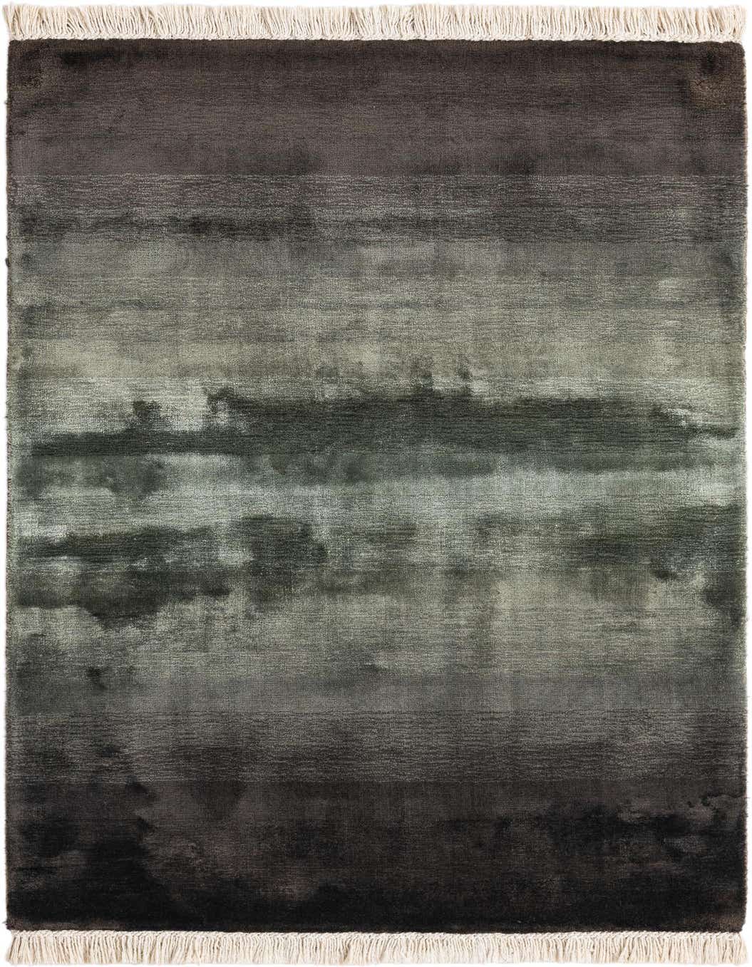 A rectangular 3x5 Darya rug in multi-colored wool, featuring a modern abstract design with dark and light gray horizontal bands, and short white fringes.