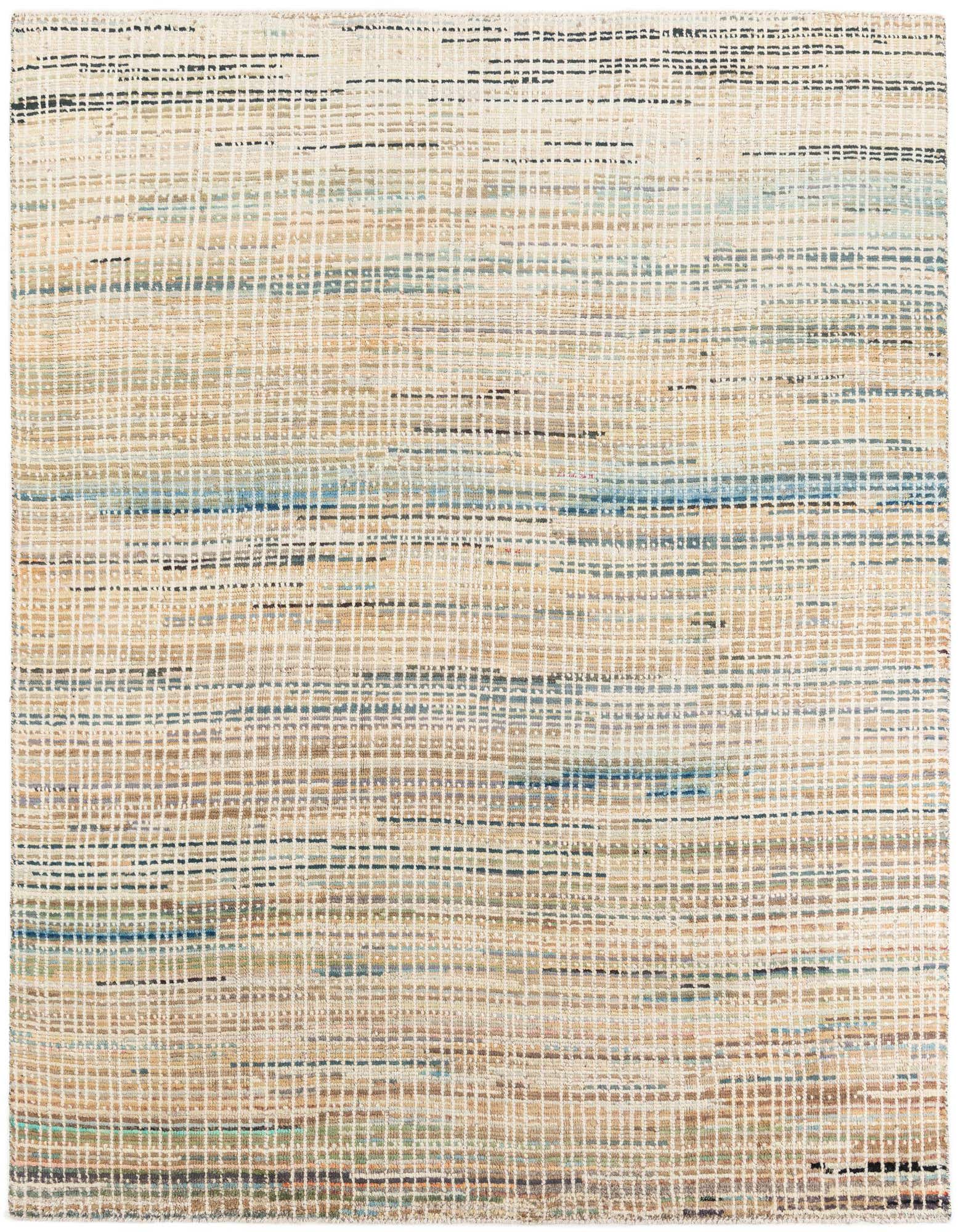 A rectangular 8x10 Darya rug with a modern, multi-colored striped and grid pattern, featuring shades of beige, blue, and brown.