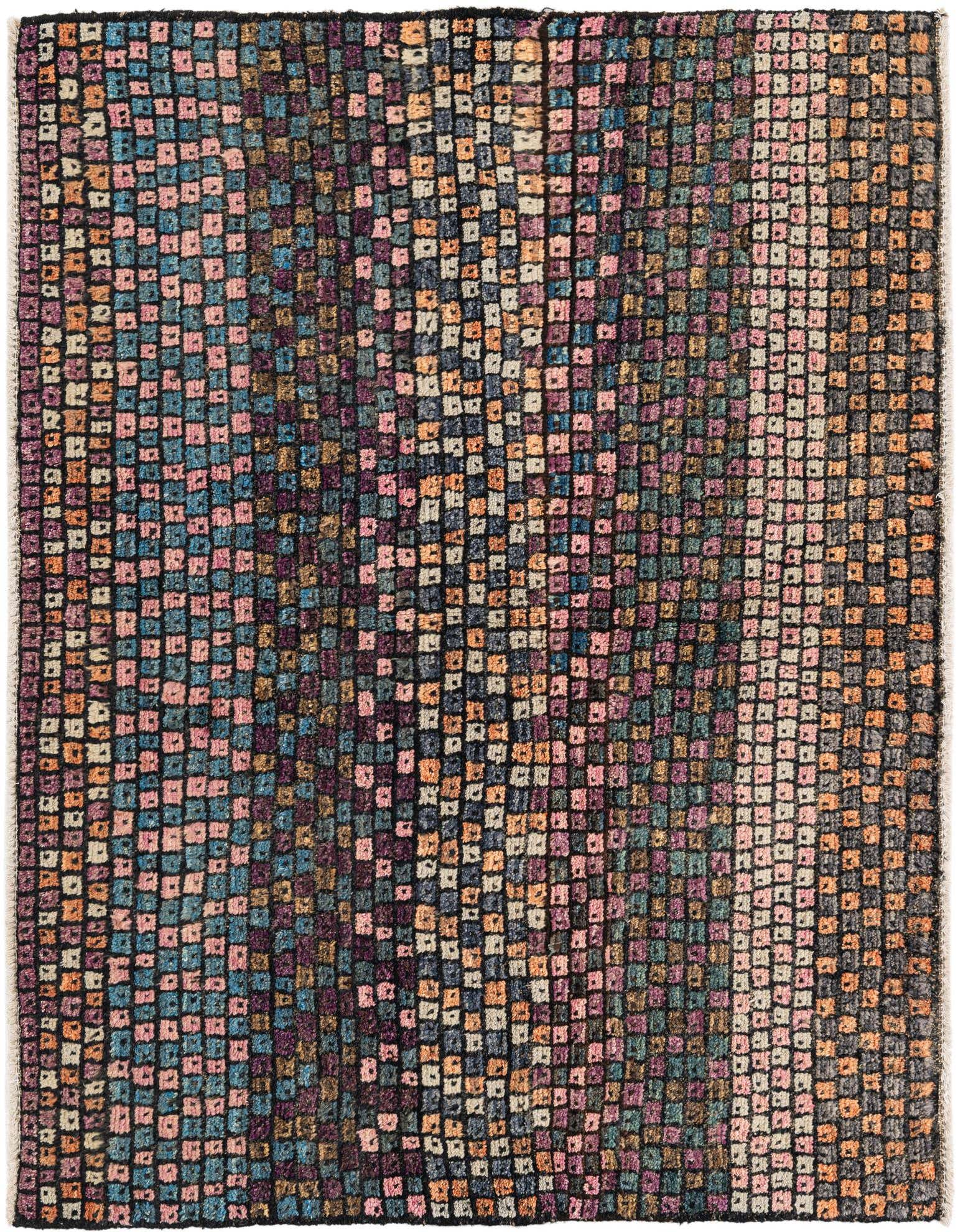 A 4x6 multi-colored rectangular wool rug with a modern abstract pattern of small, varied squares in pink, blue, purple, and orange.