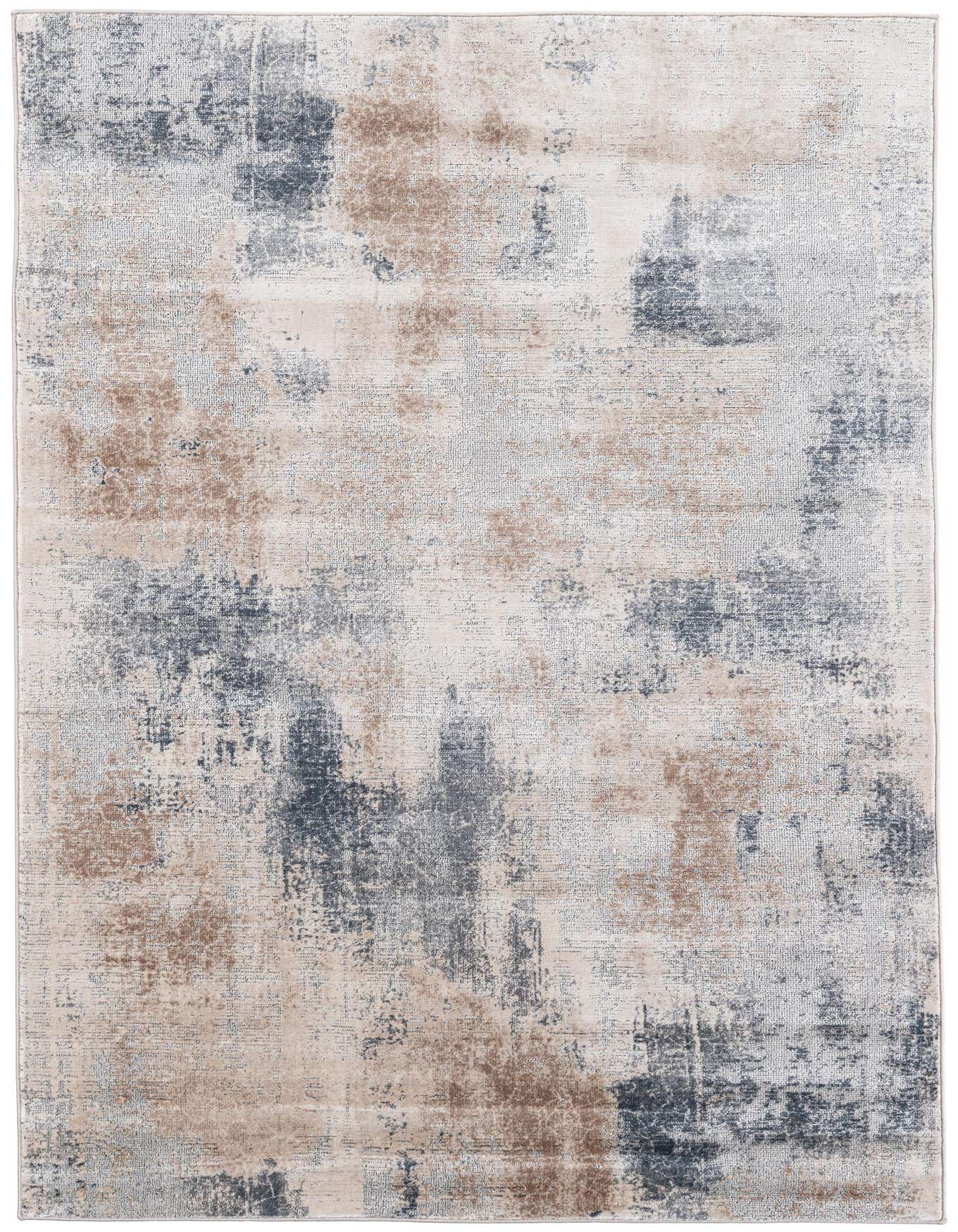 A 5x8 rectangular Deepa rug from Rugs.com featuring an abstract pattern in shades of beige, brown, and dark blue, suitable for a modern living room.