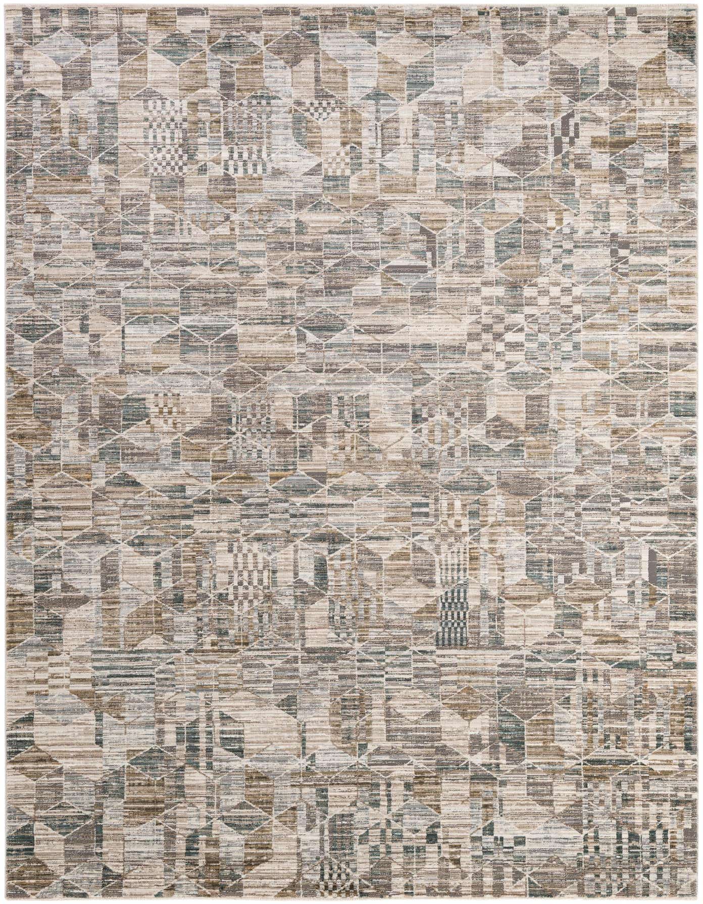 A 7x10 rectangular Deepa area rug featuring a modern abstract pattern in multi-colored geometric shapes, ideal for a living room.