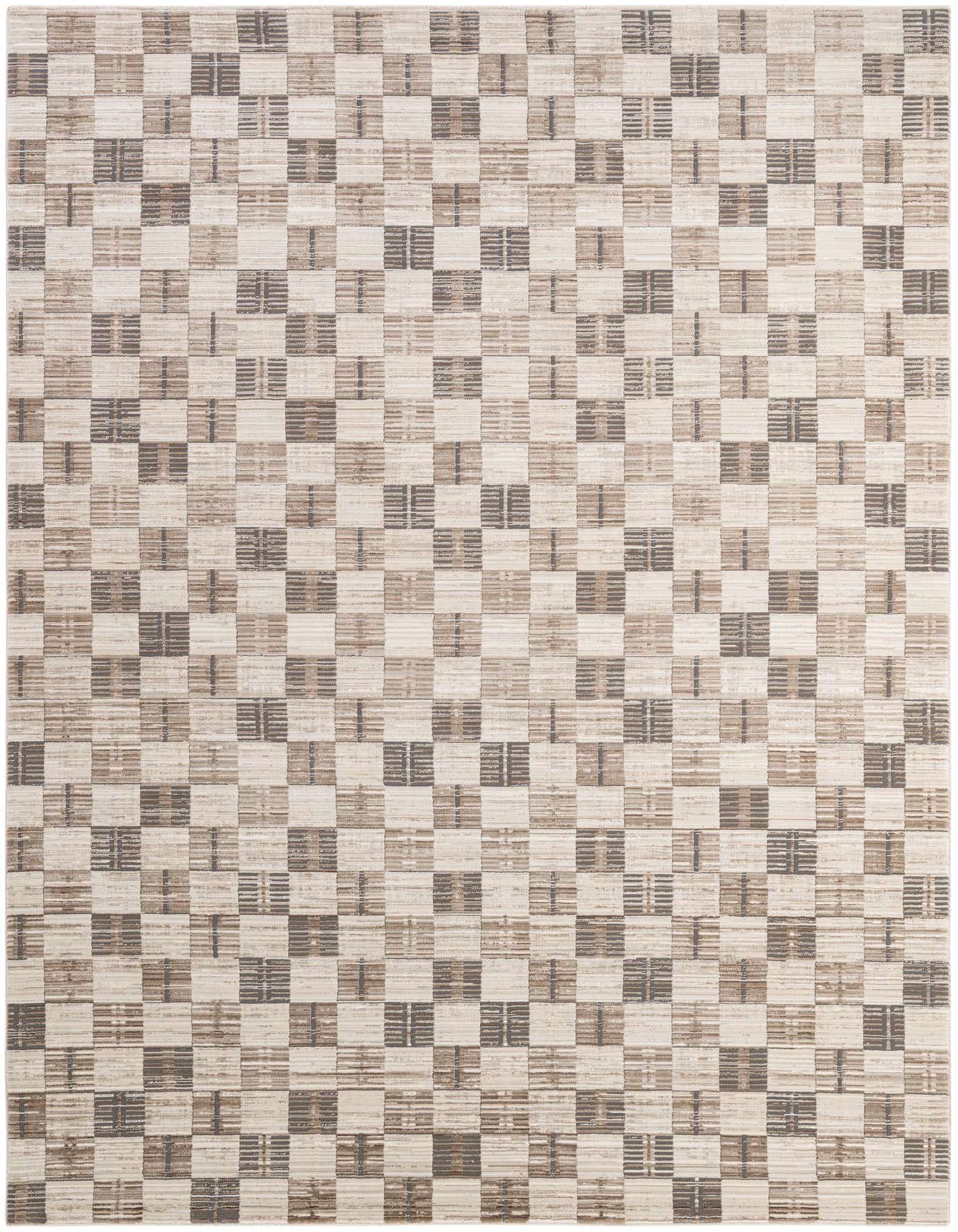 A 7x10 rectangular Deepa area rug featuring a modern multi-colored checkerboard pattern in shades of beige, brown, and grey.