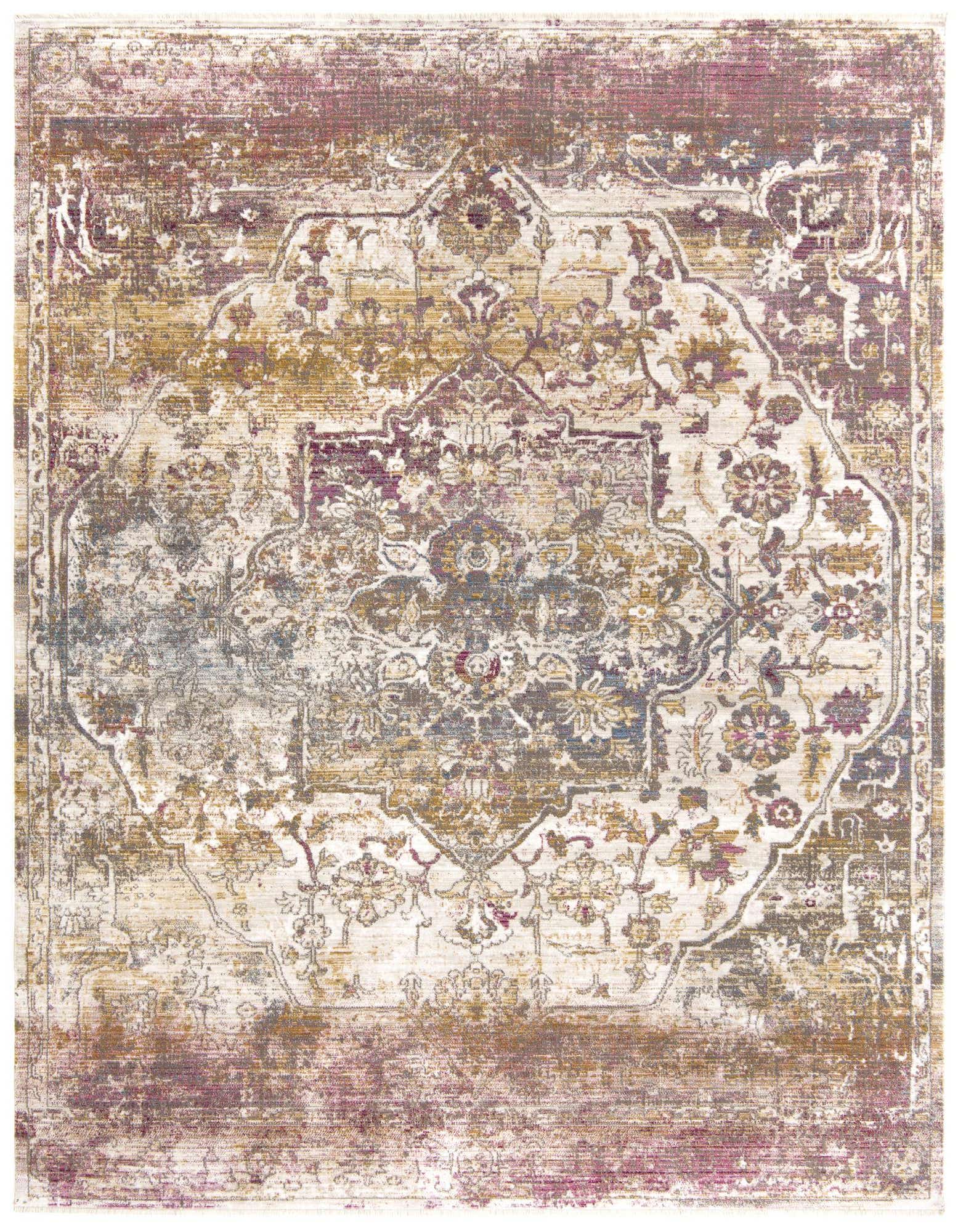 A rectangular 8x10 Deepa rug featuring a distressed multi-colored medallion and floral pattern in gold, purple, and cream tones.