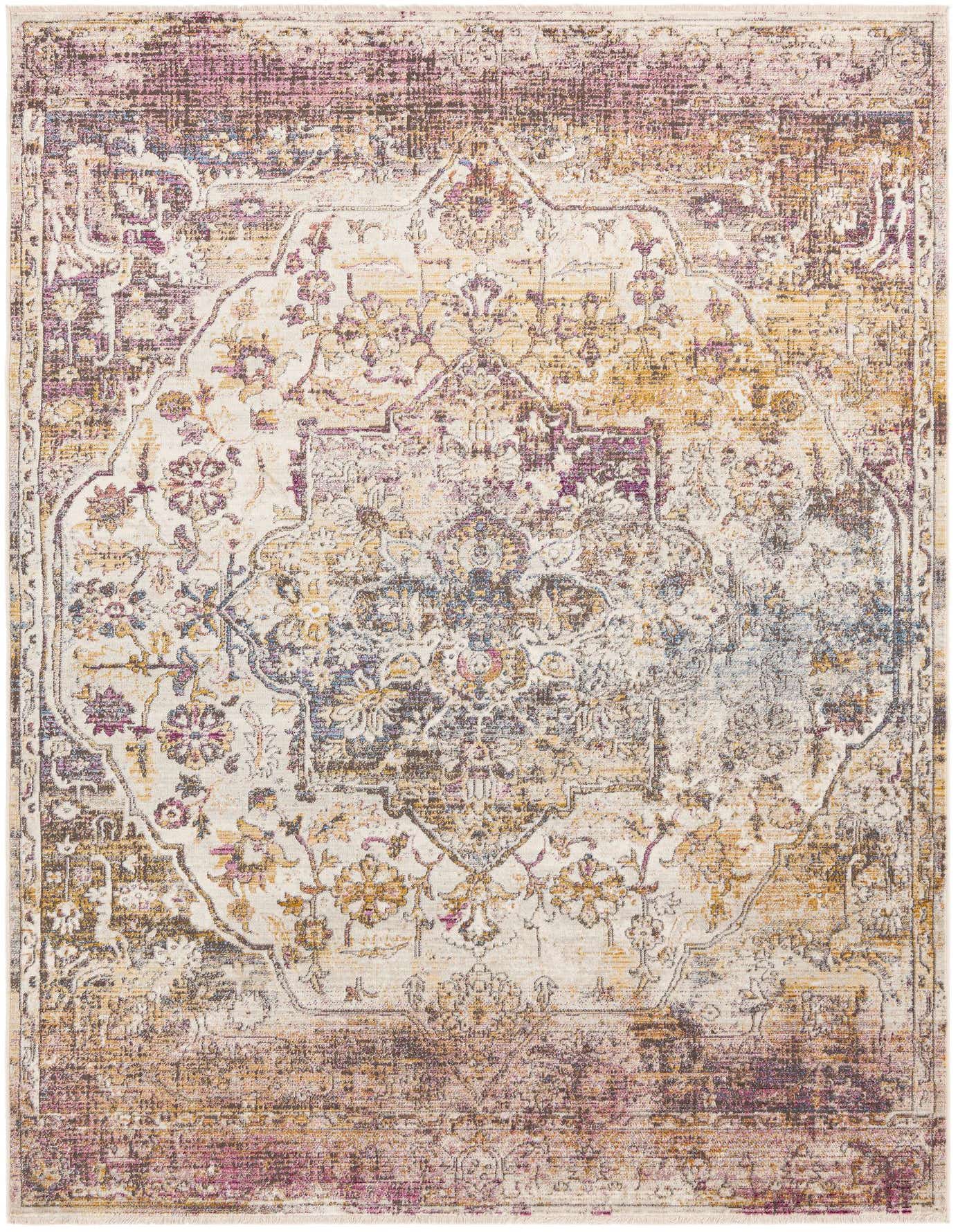 A 6x9 rectangular multi-colored traditional rug with an Oriental medallion pattern, featuring distressed purple, gold, and cream tones.