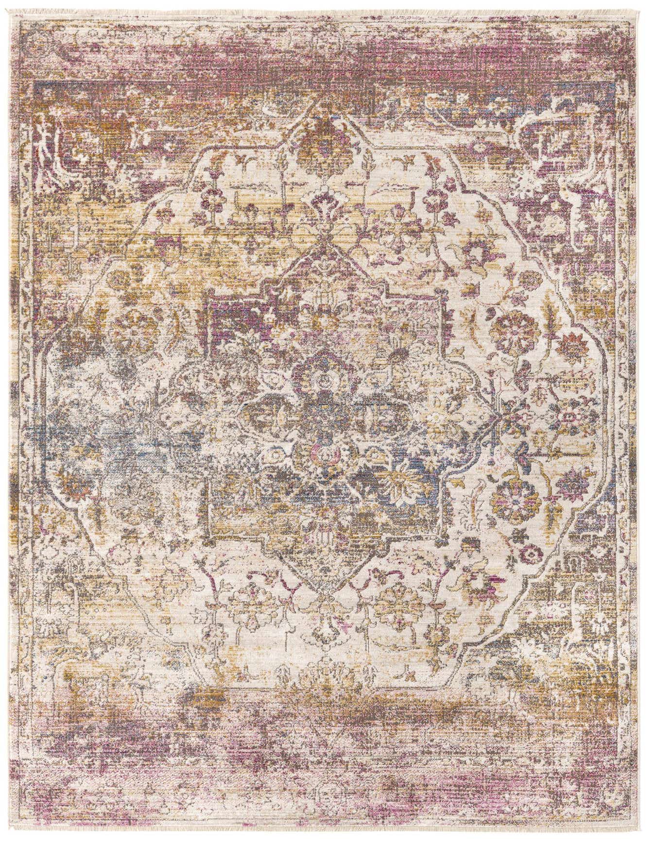 A rectangular 5x8 multi-colored rug with a distressed traditional medallion pattern in shades of purple, gold, and blue.