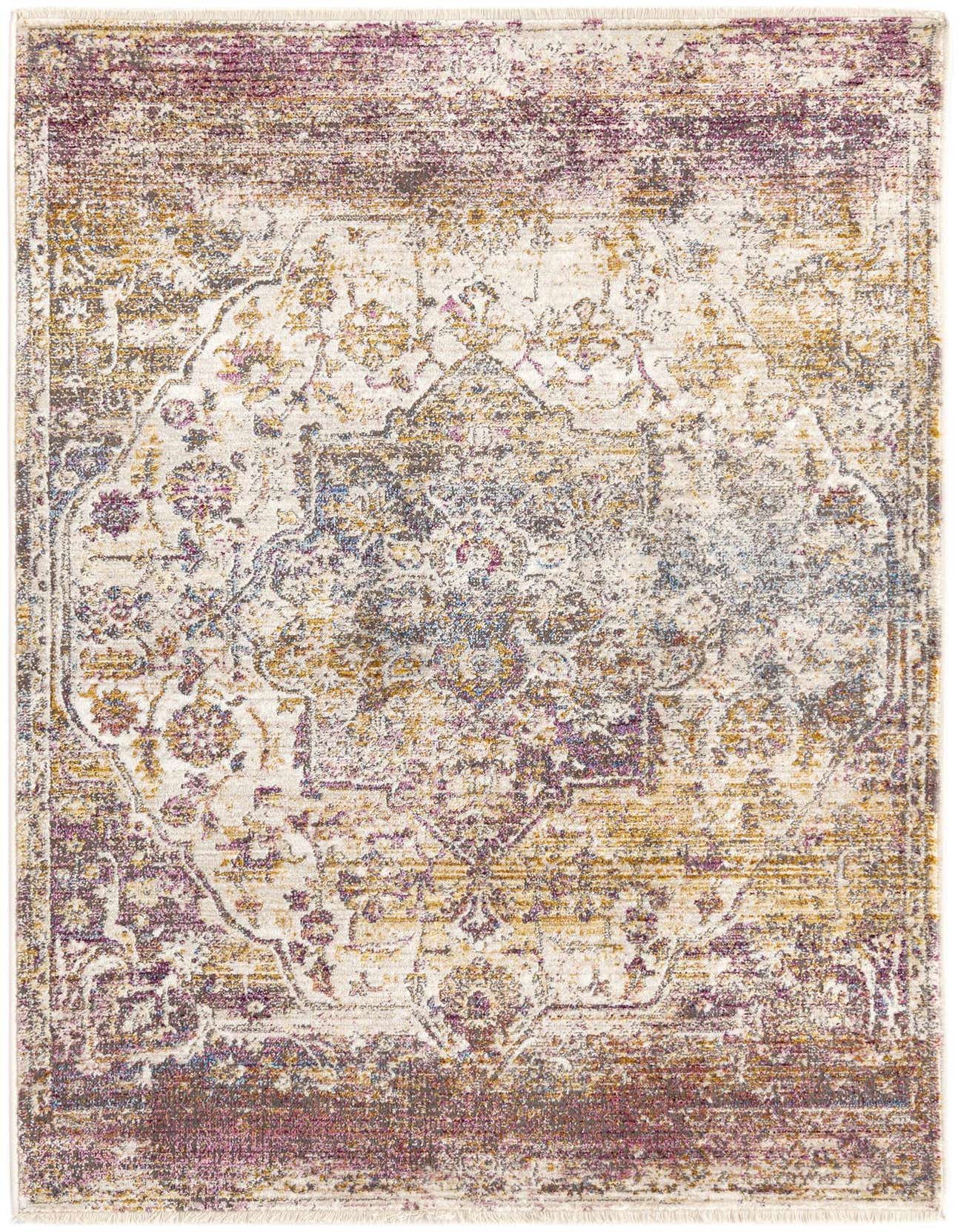 A 3x5 rectangular multi-colored rug with a distressed traditional medallion pattern in shades of purple, gold, and cream.