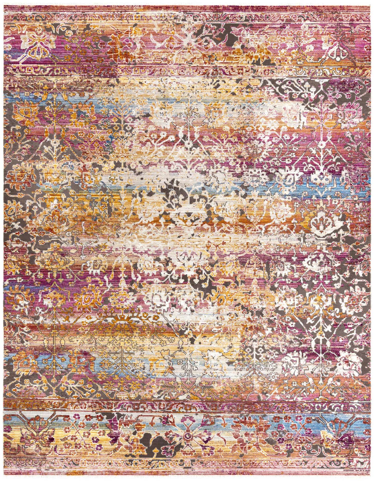 A vibrant 8x10 multi-colored rectangular rug with a distressed traditional pattern, featuring shades of purple, orange, blue, and brown.