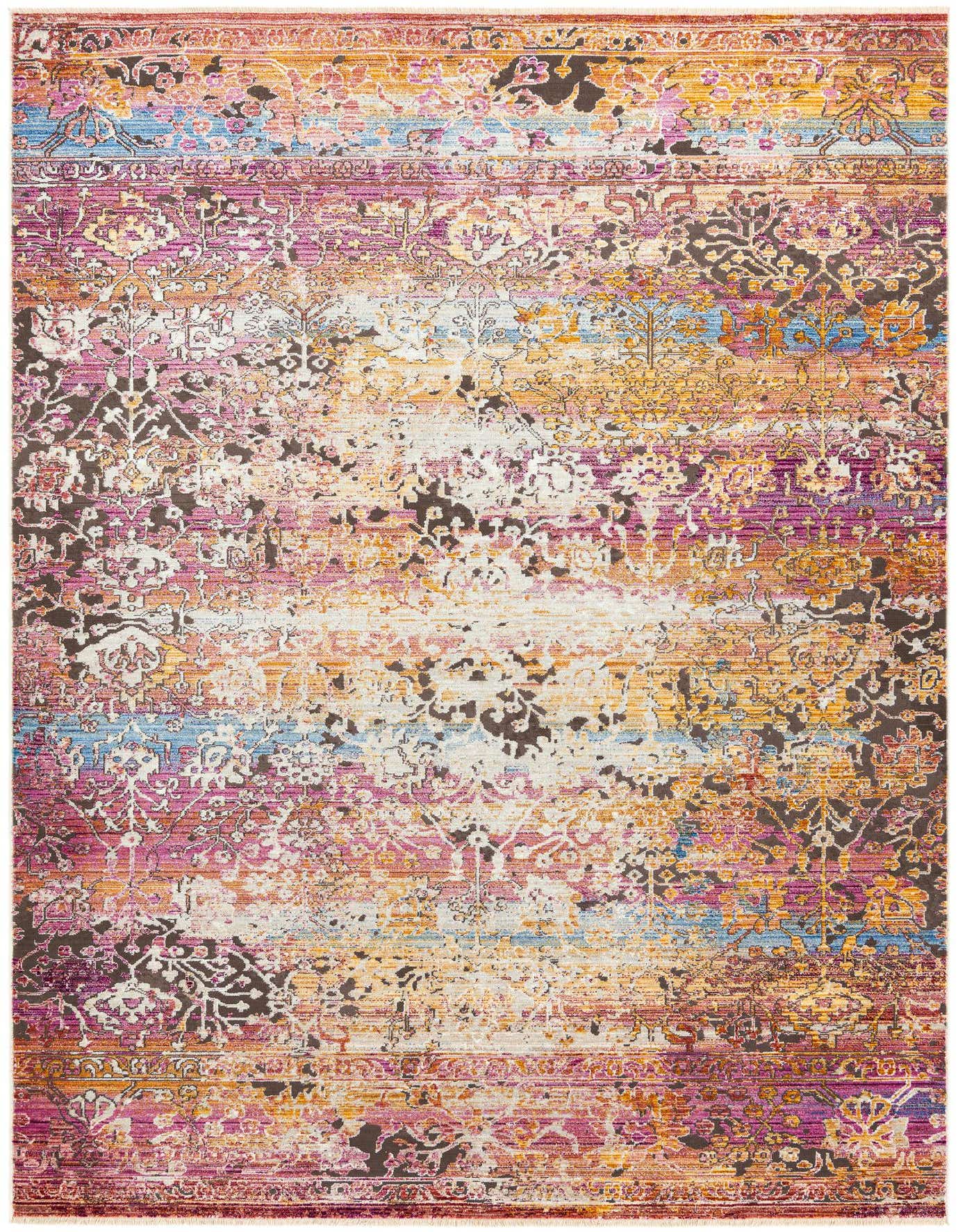 A 6x9 rectangular multi-colored rug with a distressed traditional and stripe pattern, featuring shades of purple, blue, orange, and brown.
