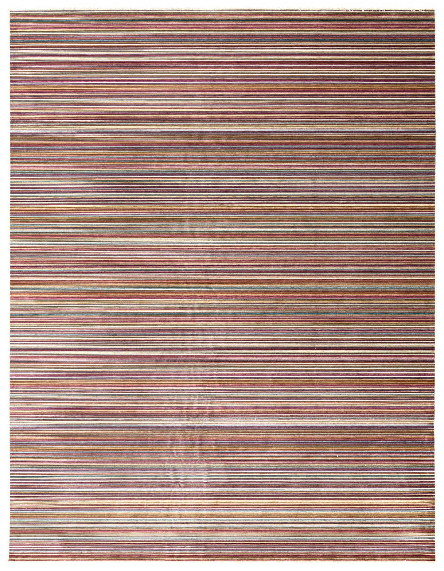 A 10x14 multi-colored striped rectangular area rug with thin horizontal lines in various shades of red, orange, brown, blue, and white.