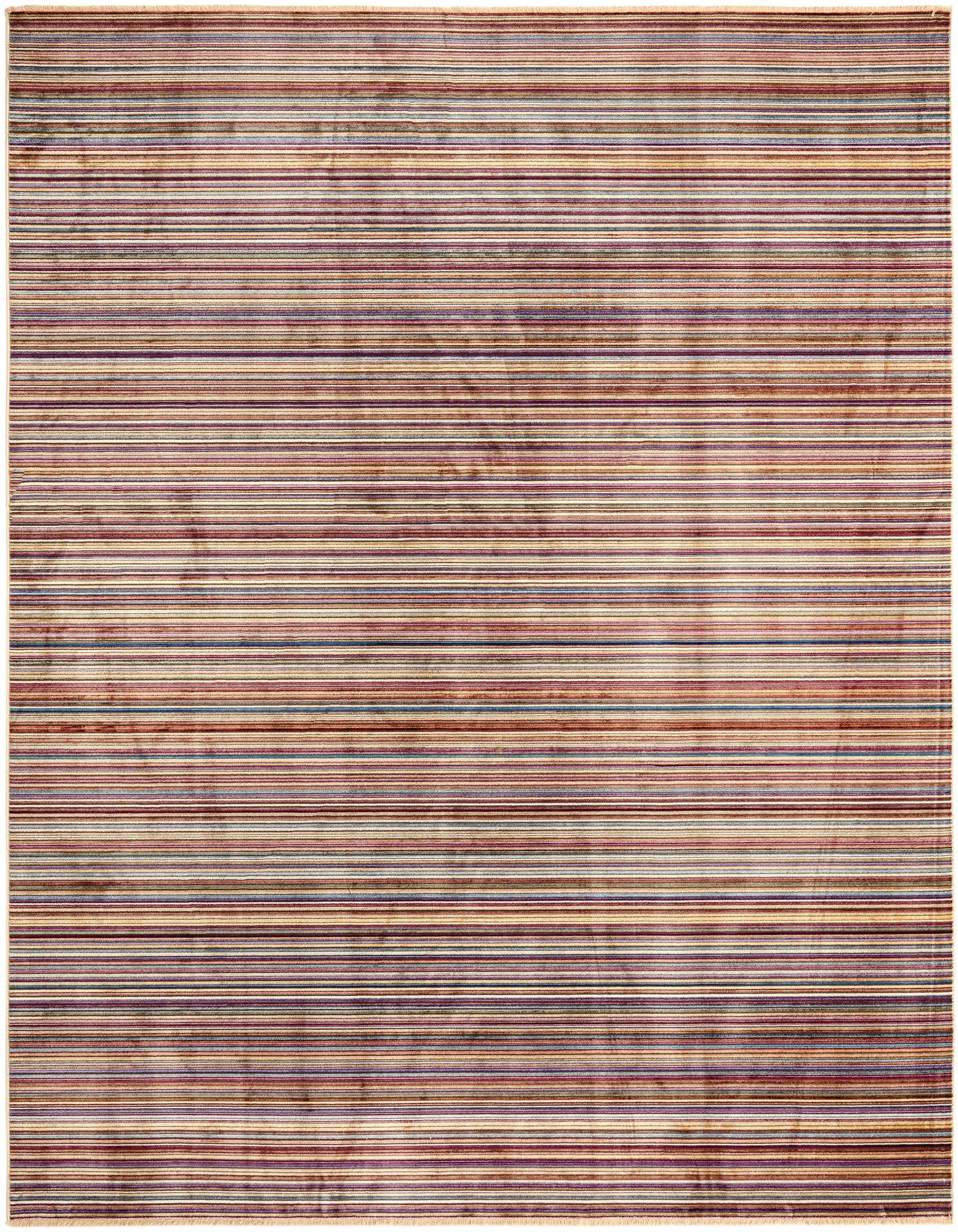 A 9x12 rectangular Deepa rug featuring thin horizontal stripes in multi-colored hues of red, blue, purple, and beige.