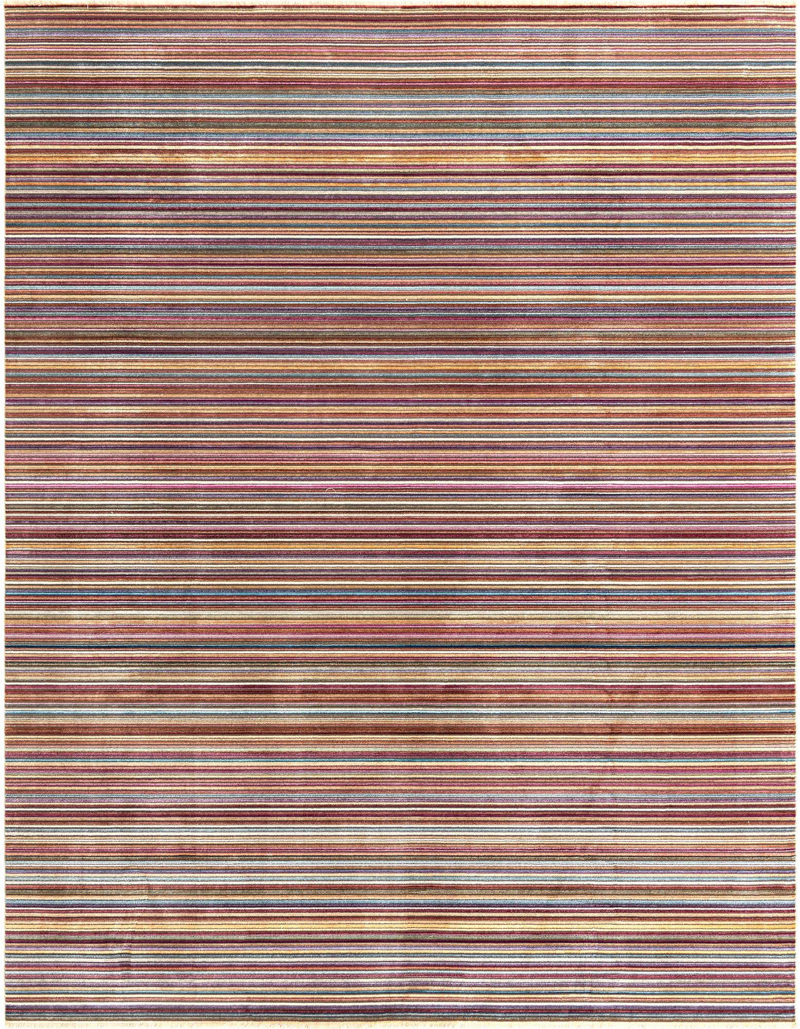A rectangular 8x10 multi-colored striped rug featuring thin horizontal lines in various hues like red, blue, brown, and gold.