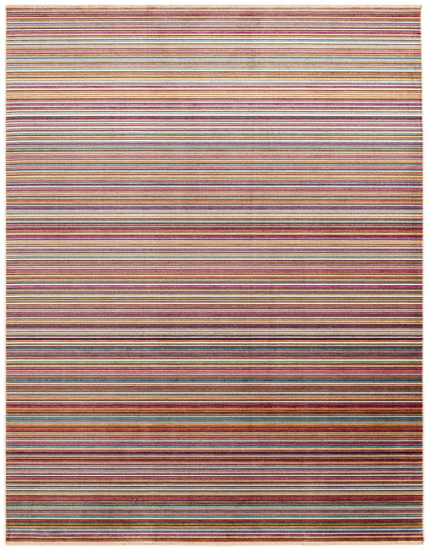 A 6x9 rectangular multi-colored striped area rug with thin horizontal lines in various shades, suitable for a living room.